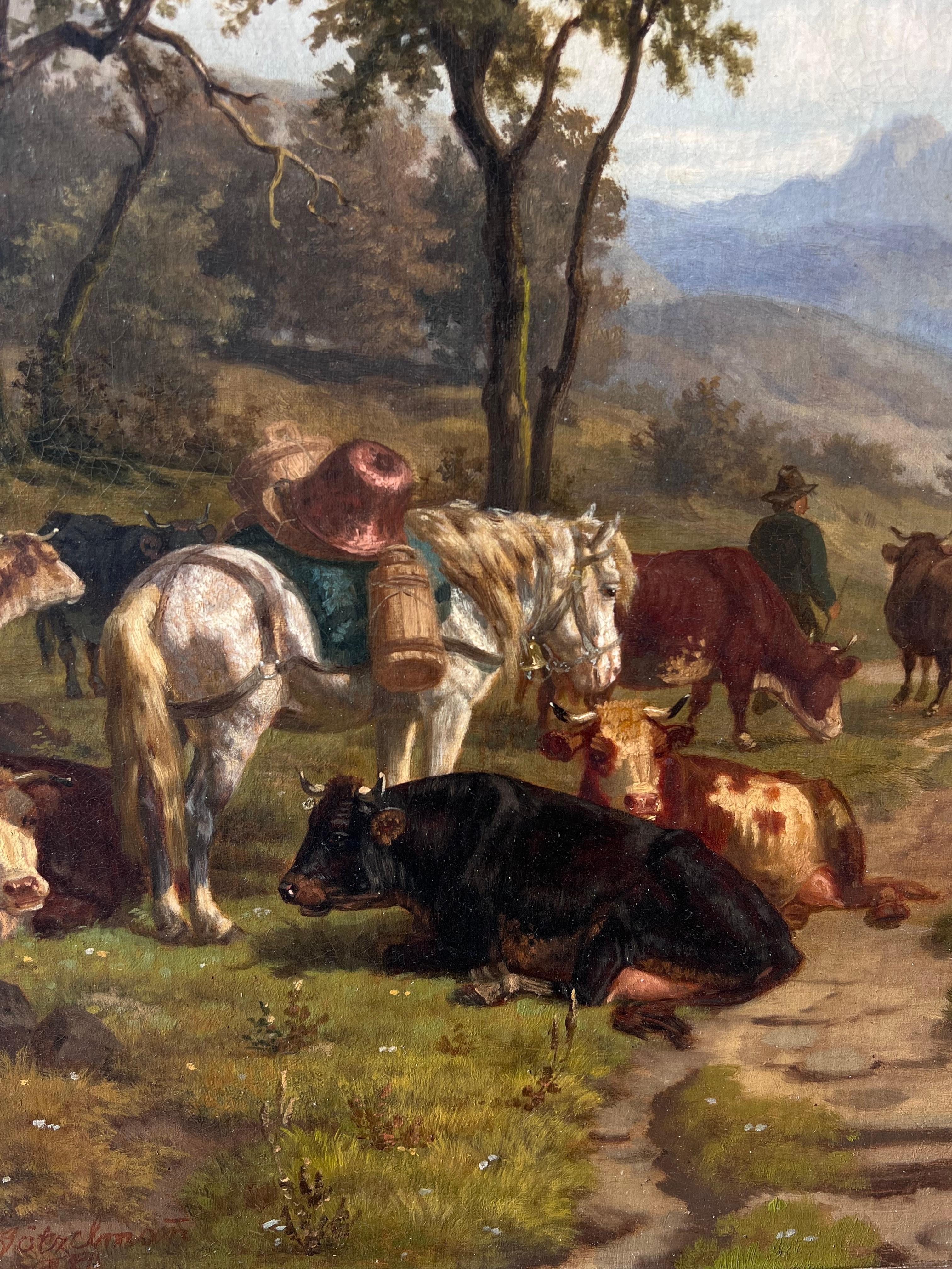 Feine 19. Jahrhundert große österreichische signiert Ölgemälde Rinder & Pferde Pastoral – Painting von Eduard Gotzelmann