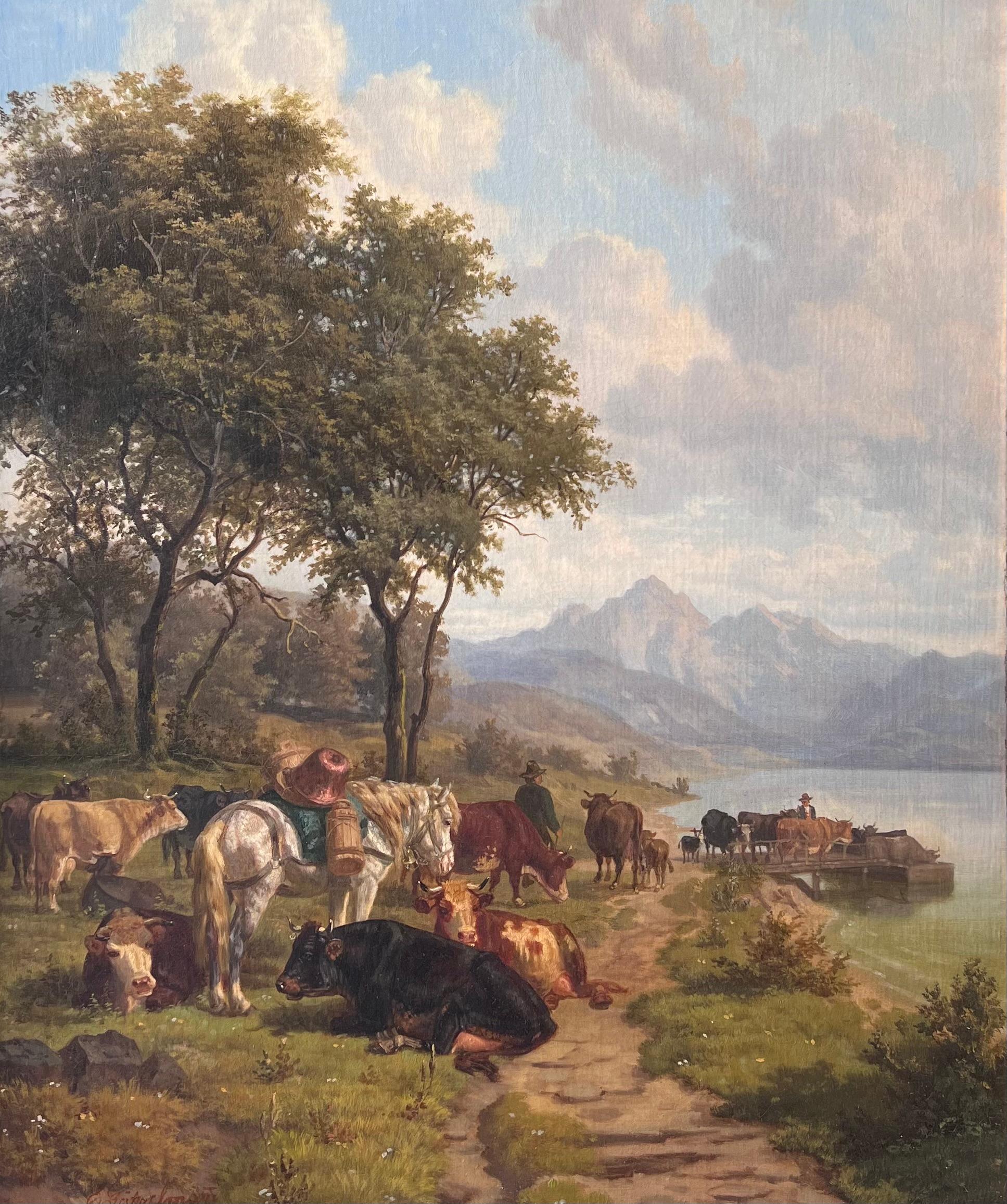 Feine 19. Jahrhundert große österreichische signiert Ölgem�älde Rinder & Pferde Pastoral (Braun), Landscape Painting, von Eduard Gotzelmann