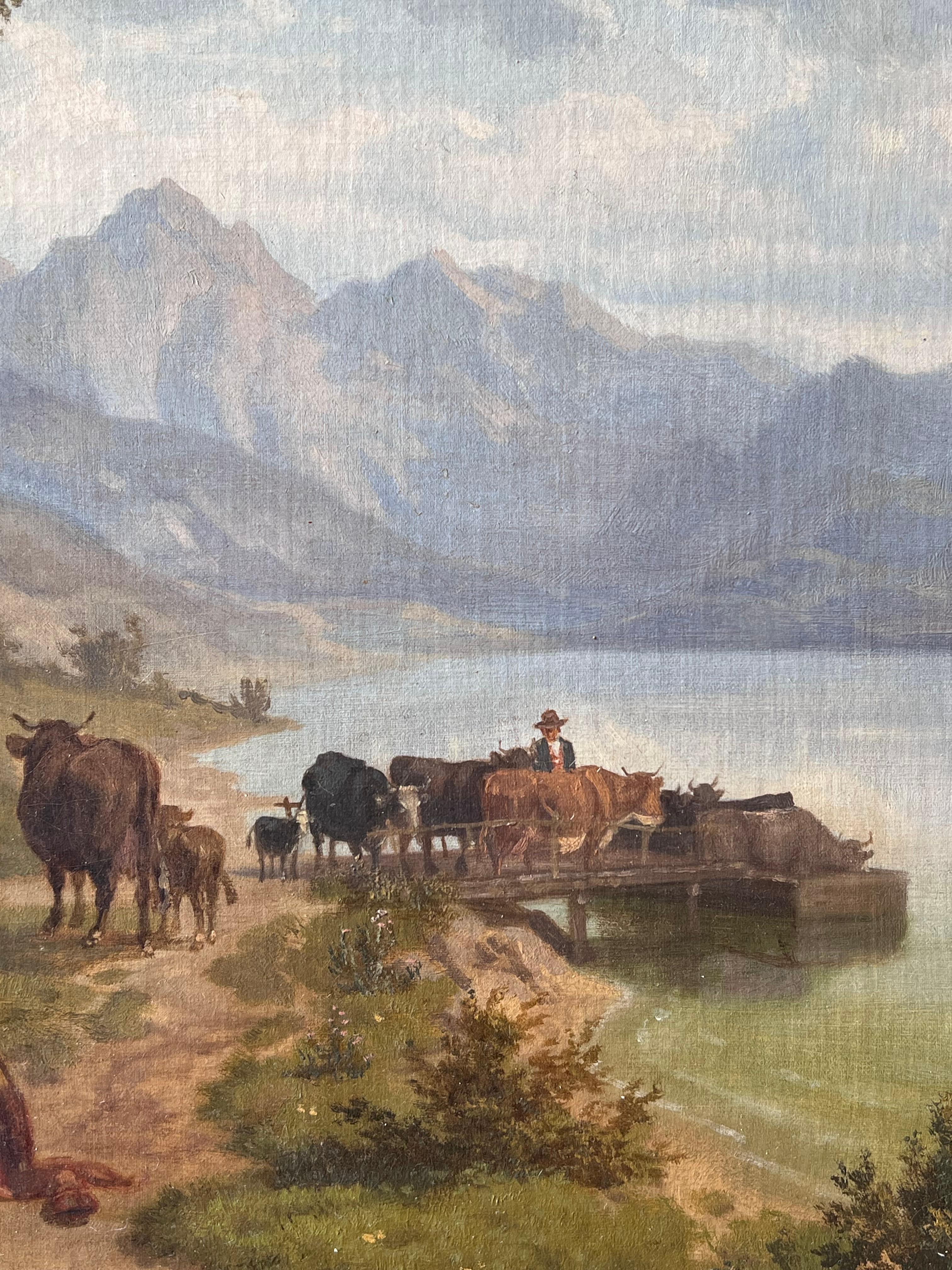 Feine 19. Jahrhundert große österreichische signiert Ölgemälde Rinder & Pferde Pastoral im Angebot 2