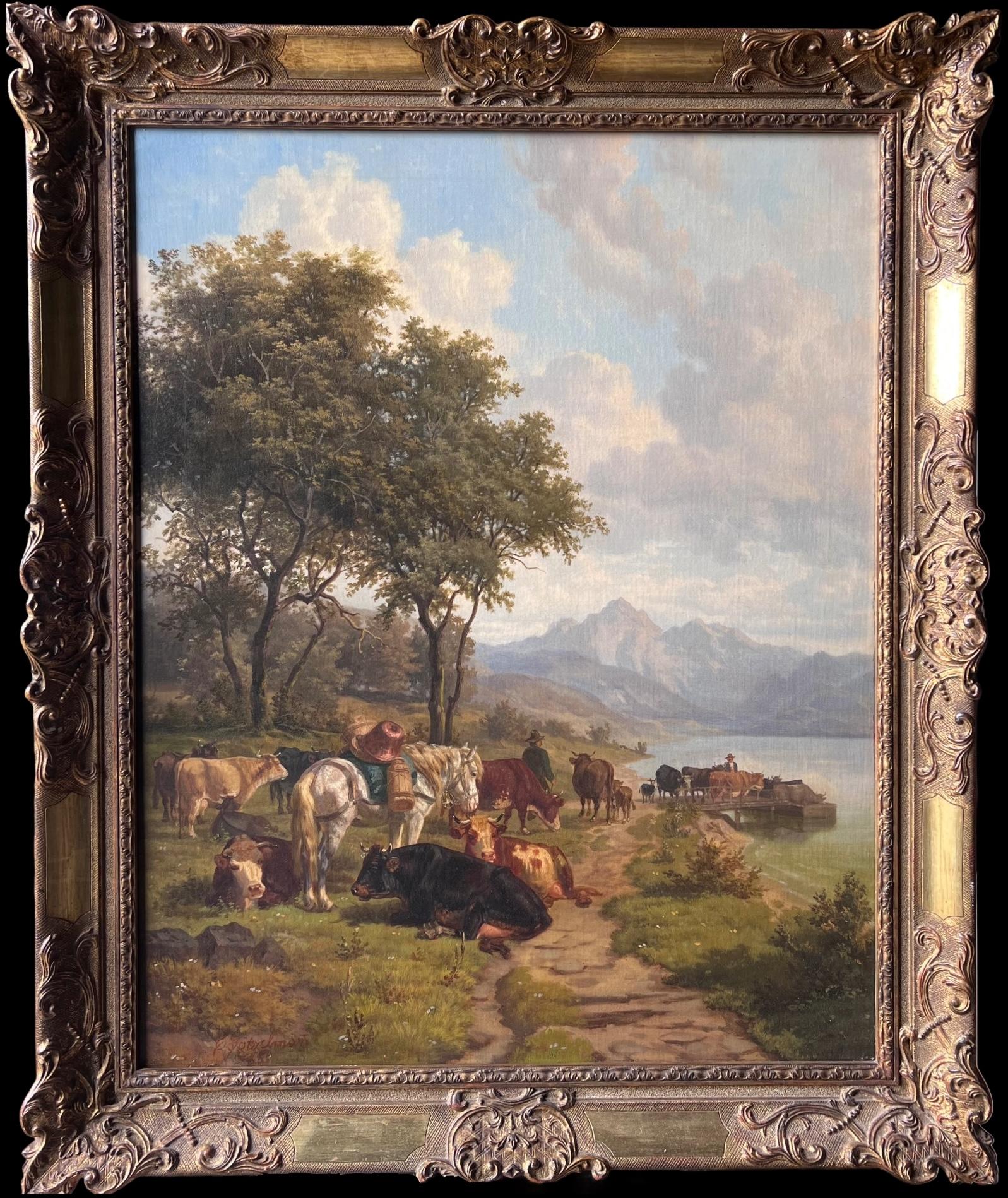 Fine 19th Century Large Austrian Signed Oil Painting Cattle
Horses Pastoral