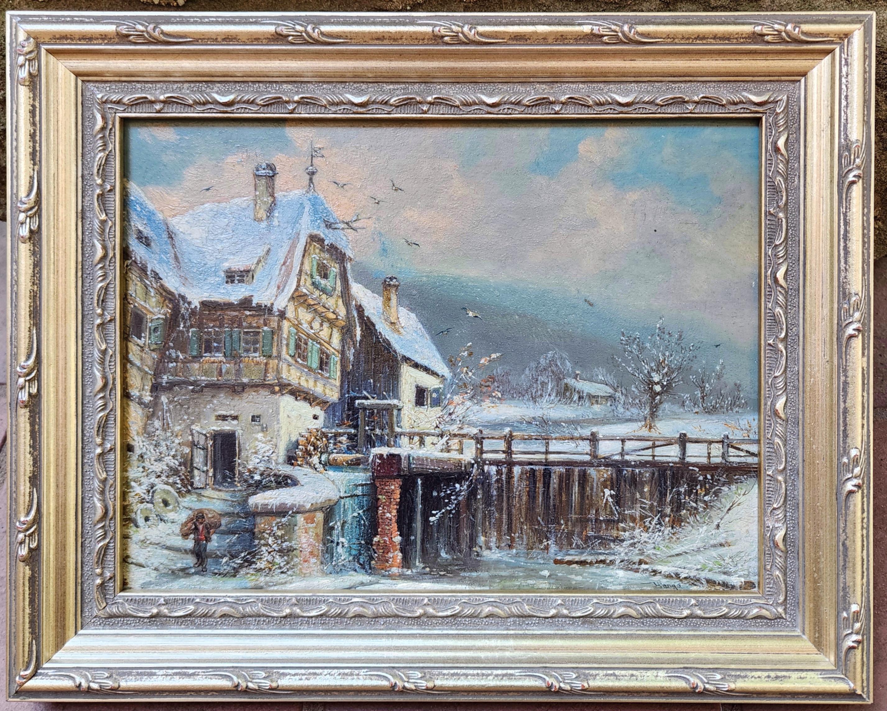 Paysage d'hiver allemand avec moulin - Painting de Eduard Haaga