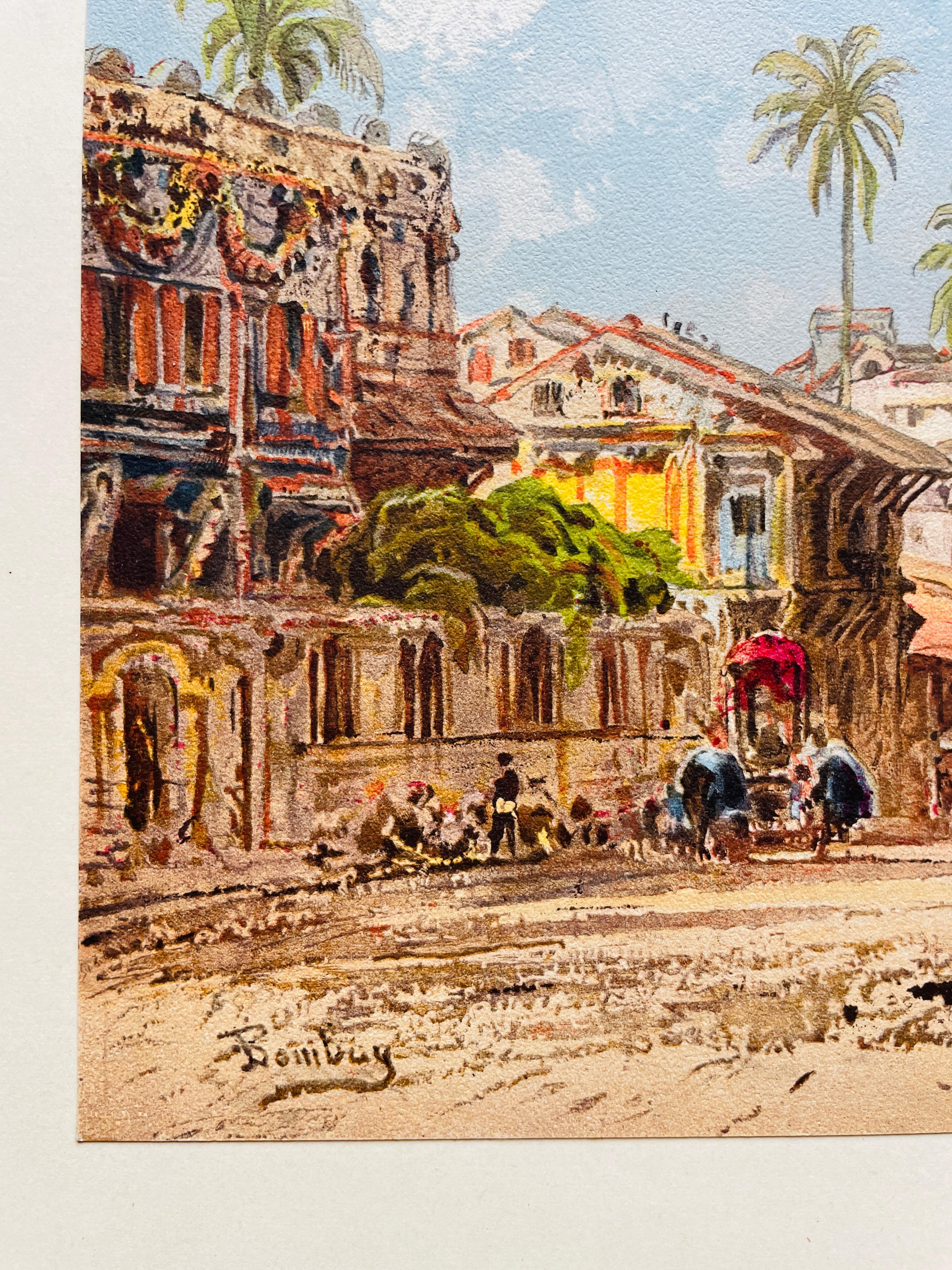 India Bombay Escena callejera Siglo XIX Cromolitografía Sello de la marca del fabricante - Print de Eduard Hildebrandt