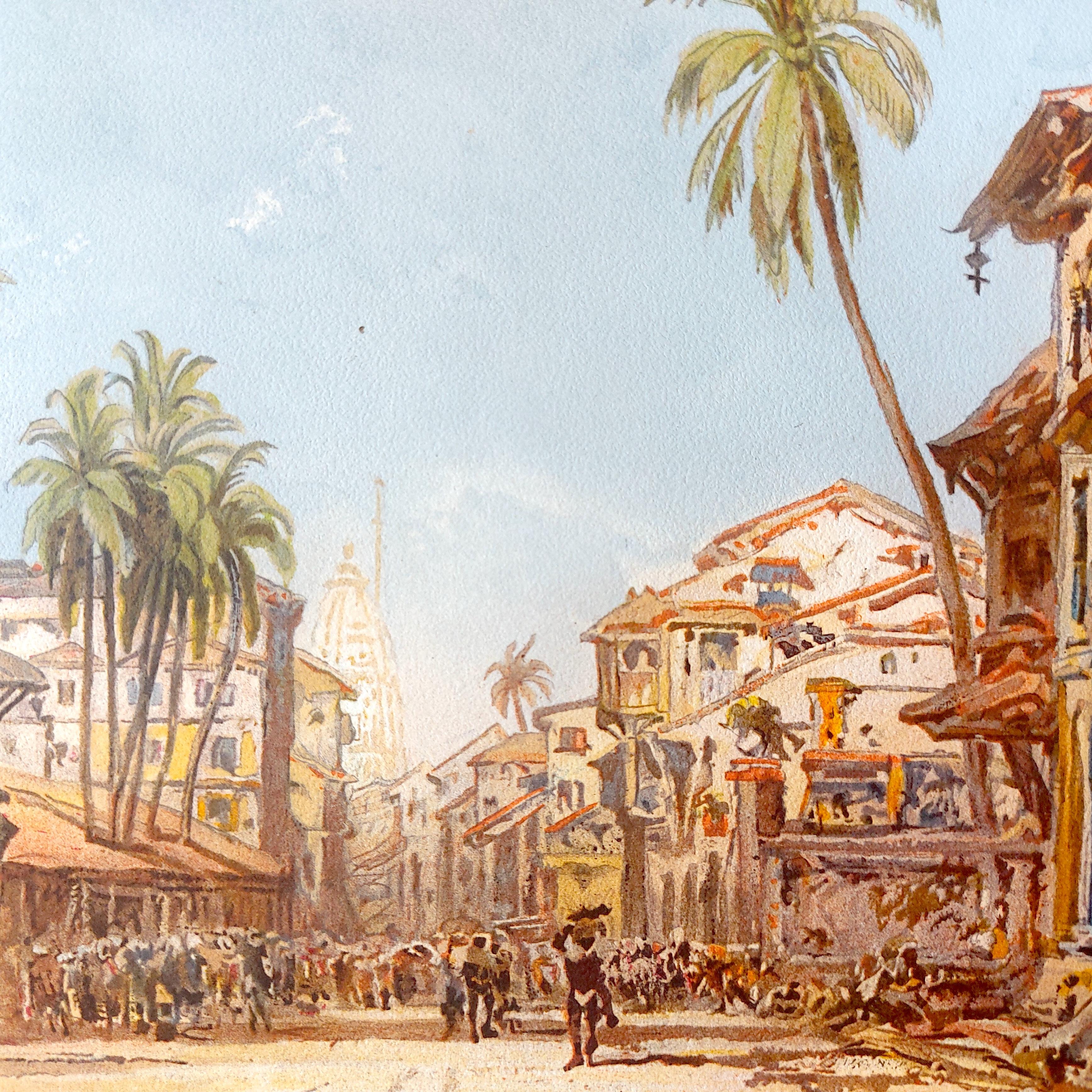 India Bombay Escena callejera Siglo XIX Cromolitografía Sello de la marca del fabricante 3
