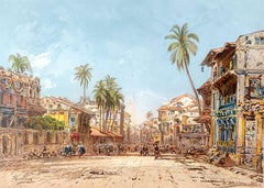 India Bombay Street Scene 19th Century Chromolithograph Makers Mark Stamp 