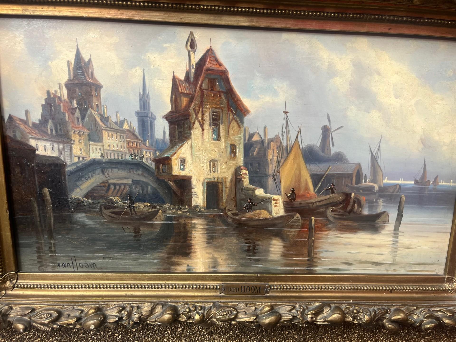 Nineteenth Century Victorian Dutch River and Harbour Scene with Boats, Windmills and Buildings in background.  A Signed Oil Painting on Wooden Panel that is Framed in original ornate Frame. This is one of a pair of Paintings (can be sold