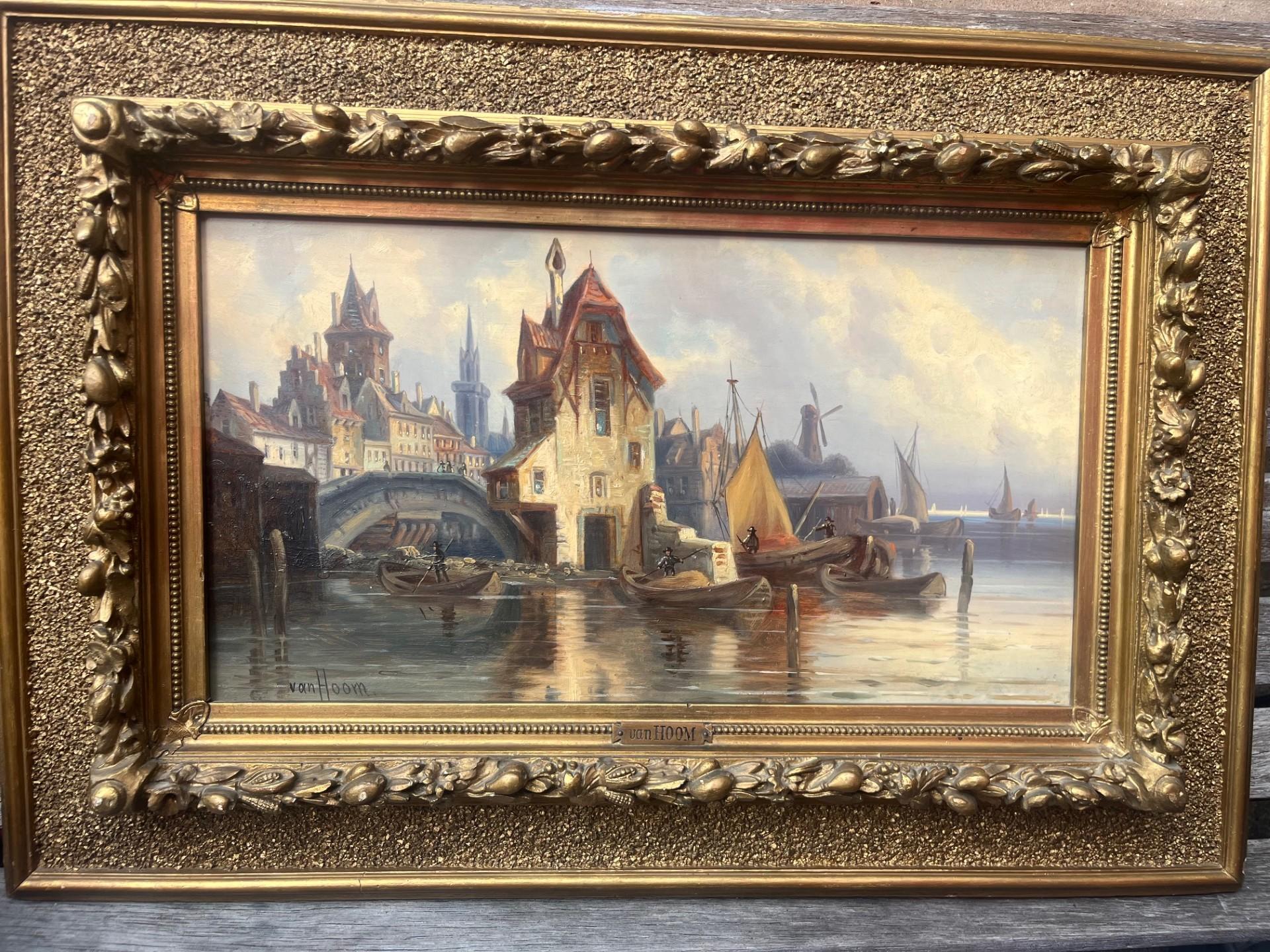 Nineteenth Century Victorian Dutch River Harbour Scene with Boats and Buildings For Sale 1