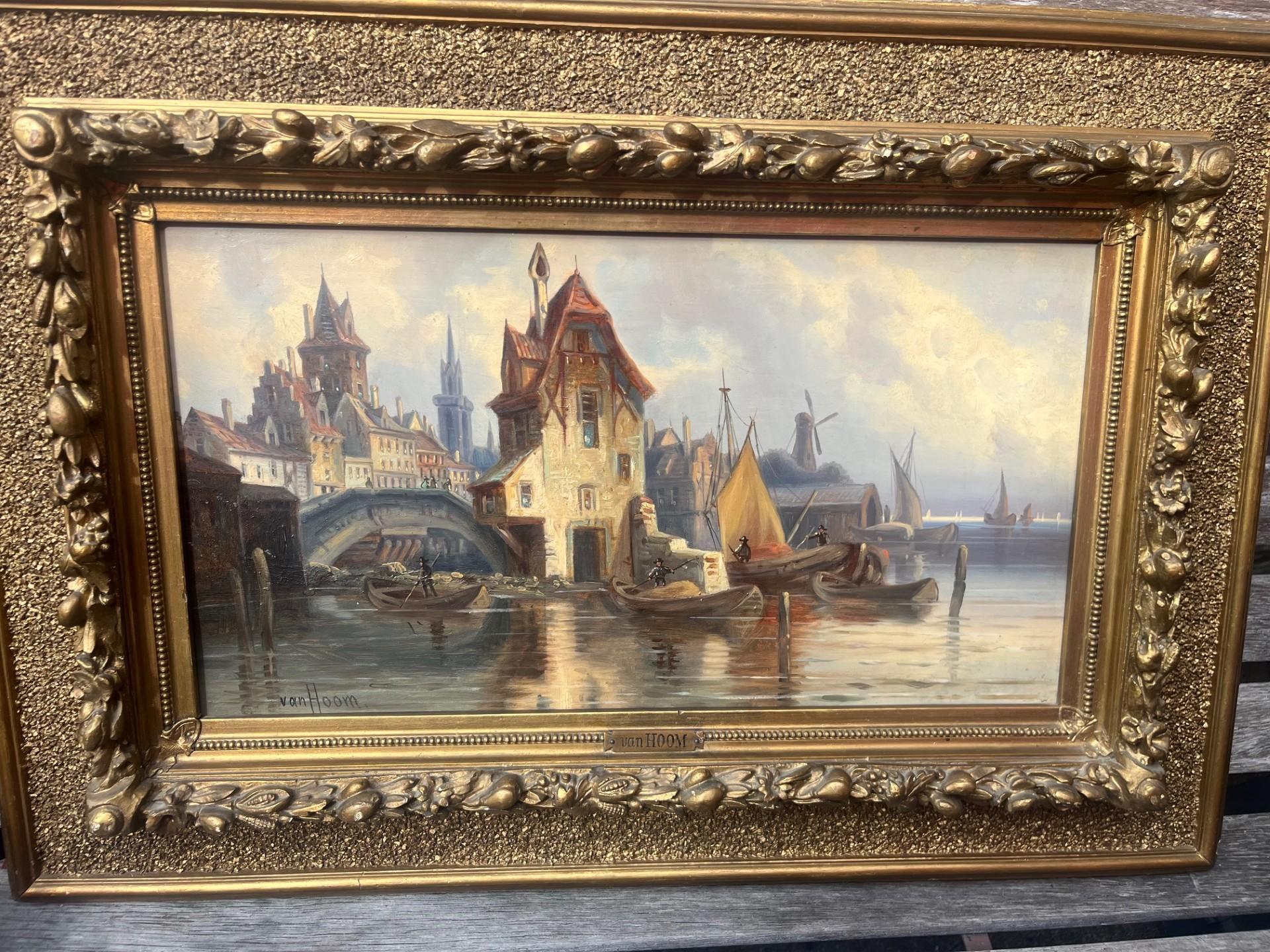 Nineteenth Century Victorian Dutch River Harbour Scene with Boats and Buildings For Sale 3