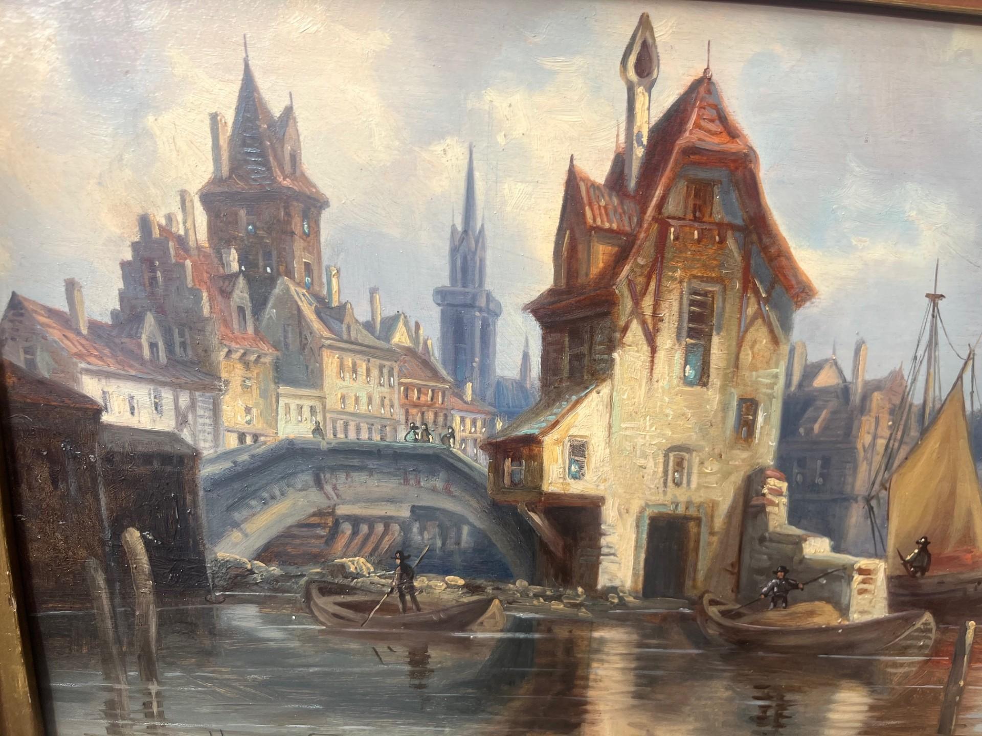 Nineteenth Century Victorian Dutch River Harbour Scene with Boats and Buildings For Sale 4