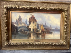 Nineteenth Century Victorian Dutch River Harbour Scene with Boats and Buildings