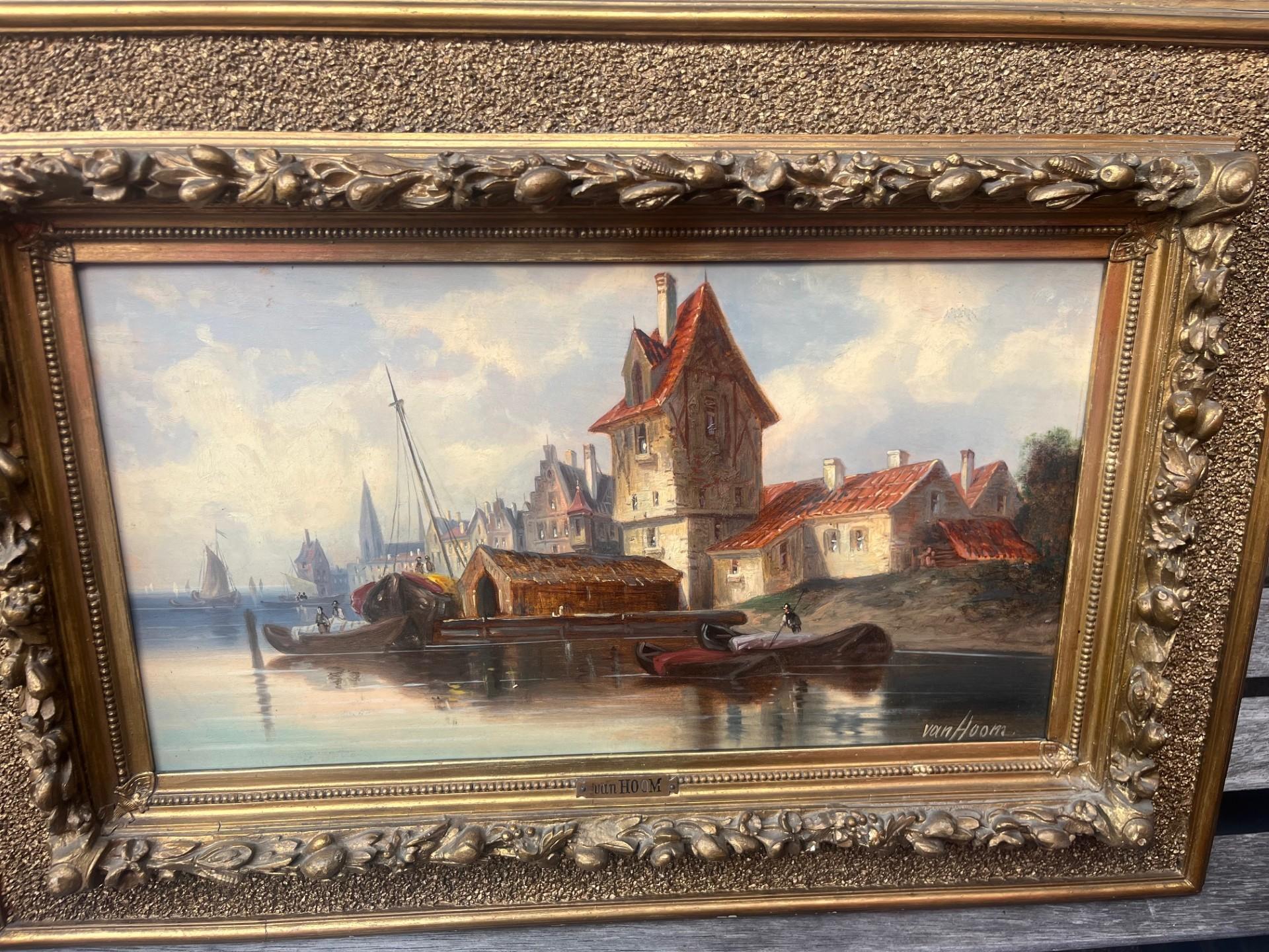 Nineteenth Century Victorian Dutch River and Harbour Scene with Boats, and Buildings in background.  A Signed Oil Painting on Wooden Panel that is Framed in original ornate Frame. This is one of a pair of Paintings (can be sold separately).  They