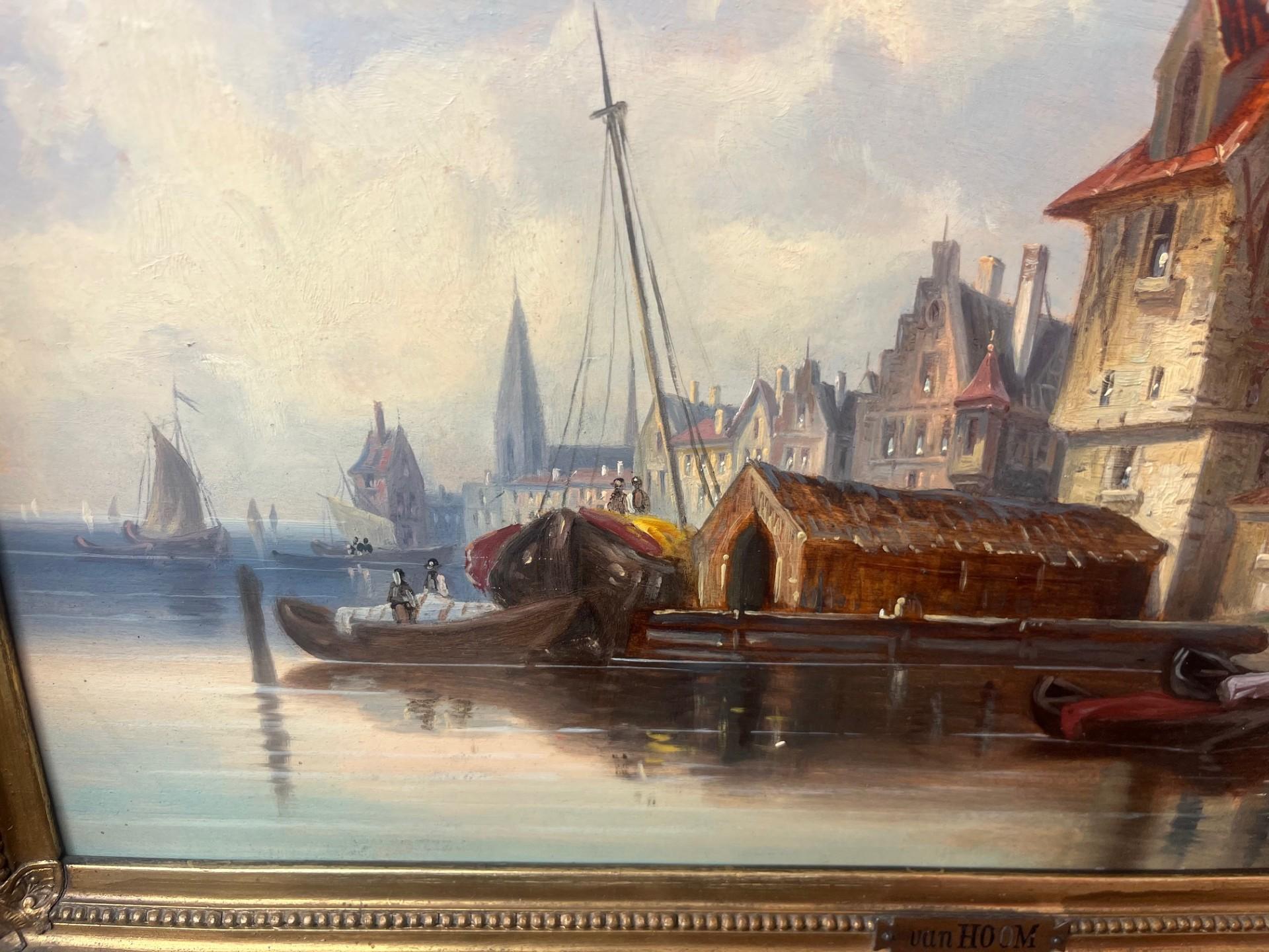Nineteenth Century Victorian Marine Dutch River Harbour with Boats and Buildings For Sale 3