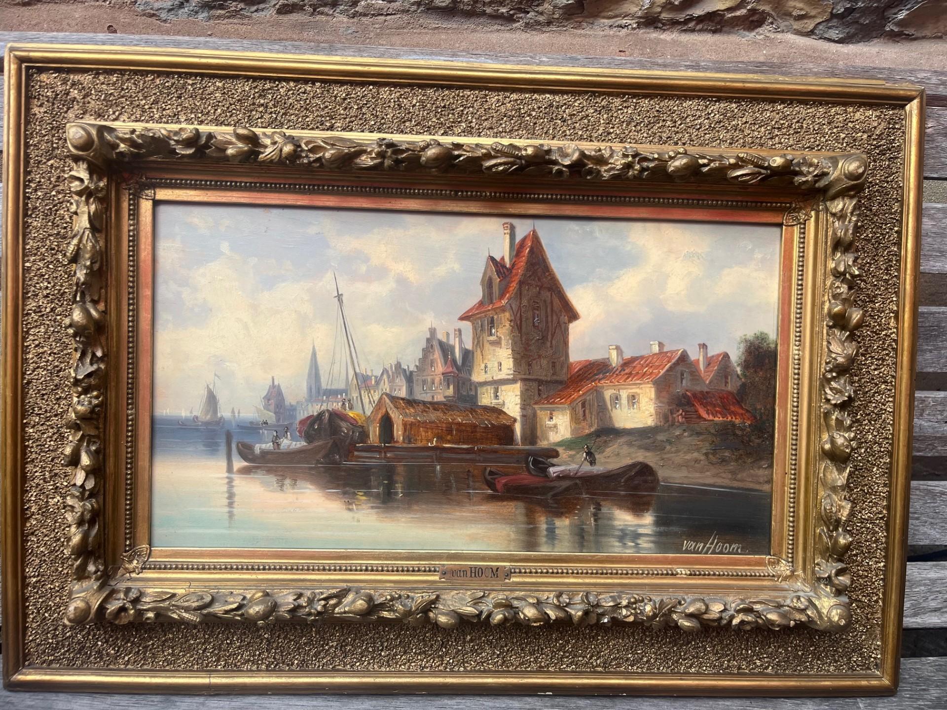 Nineteenth Century Victorian Marine Dutch River Harbour with Boats and Buildings - Art by Eduard Jacobus Van Hoorn