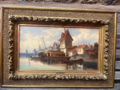 Nineteenth Century Victorian Marine Dutch River Harbour with Boats and Buildings