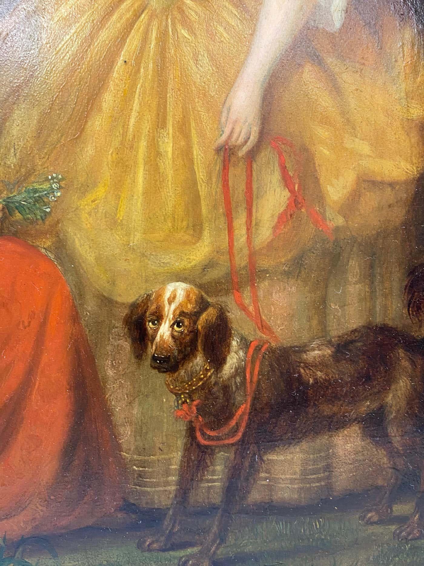 Portrait à l'huile du 19e siècle de deux sœurs avec leur chien - Marron Portrait Painting par Eduard Leonardus Roelant