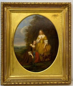 Antique 19th Century Oil Portrait of Two Sisters With Their Dog