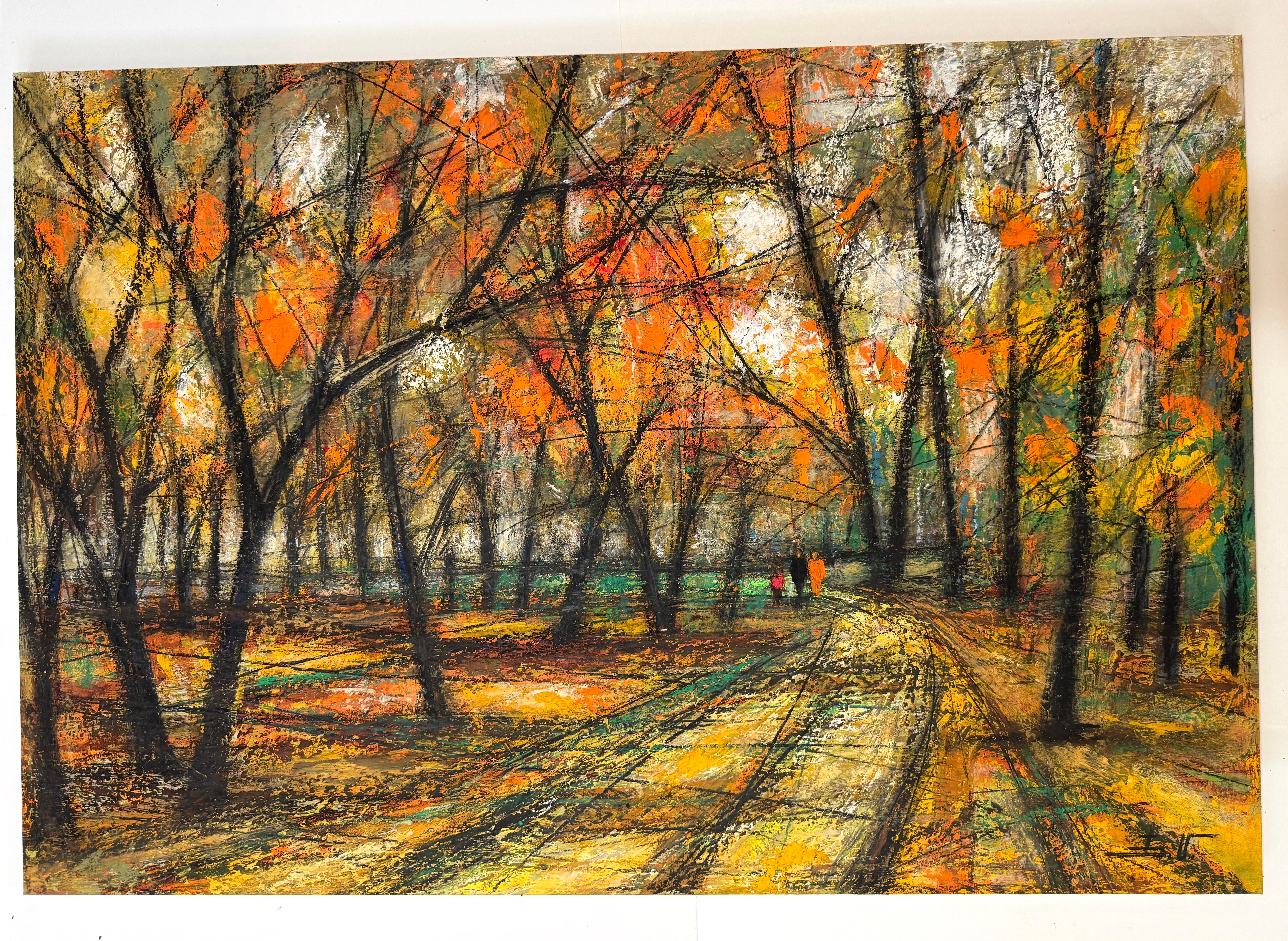 Amber Grove Landscape Impressionism Original oil Painting Ready to Hang - Brown Landscape Painting by Eduard Matevosyan