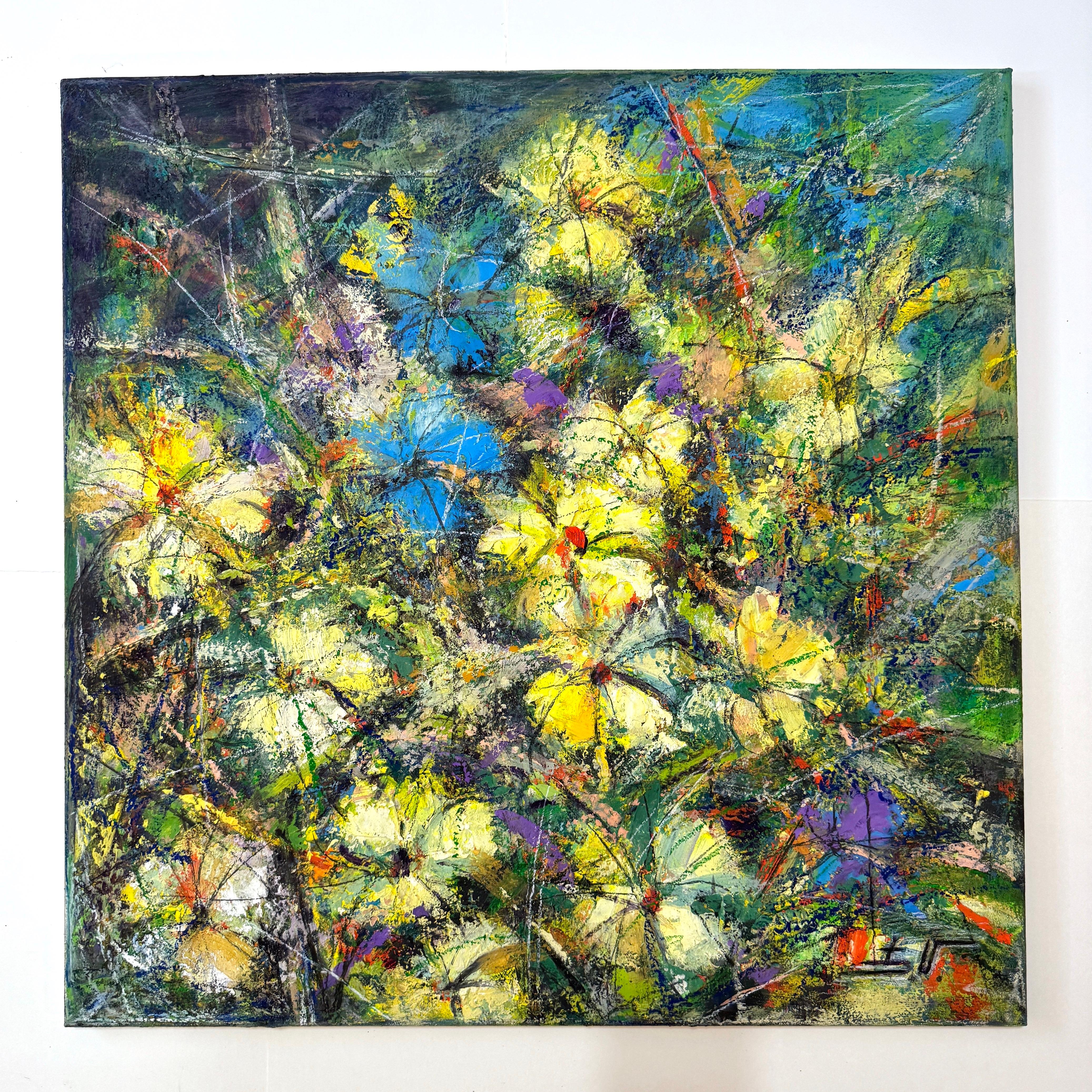 Florecimiento de flores amarillas Impresionismo Pintura al óleo original Lista para colgar - Painting de Eduard Matevosyan