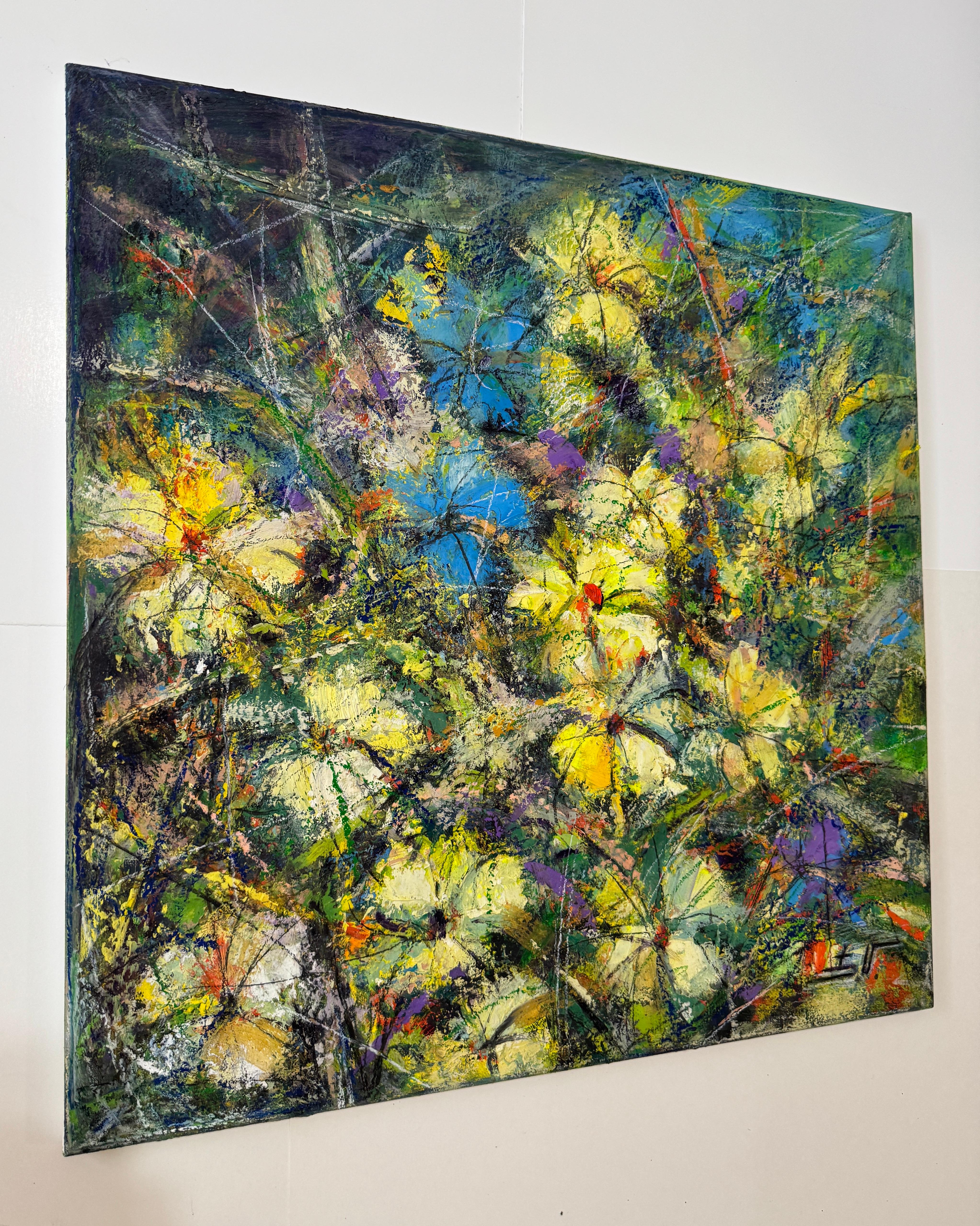 Florecimiento de flores amarillas Impresionismo Pintura al óleo original Lista para colgar - Painting Impresionista de Eduard Matevosyan