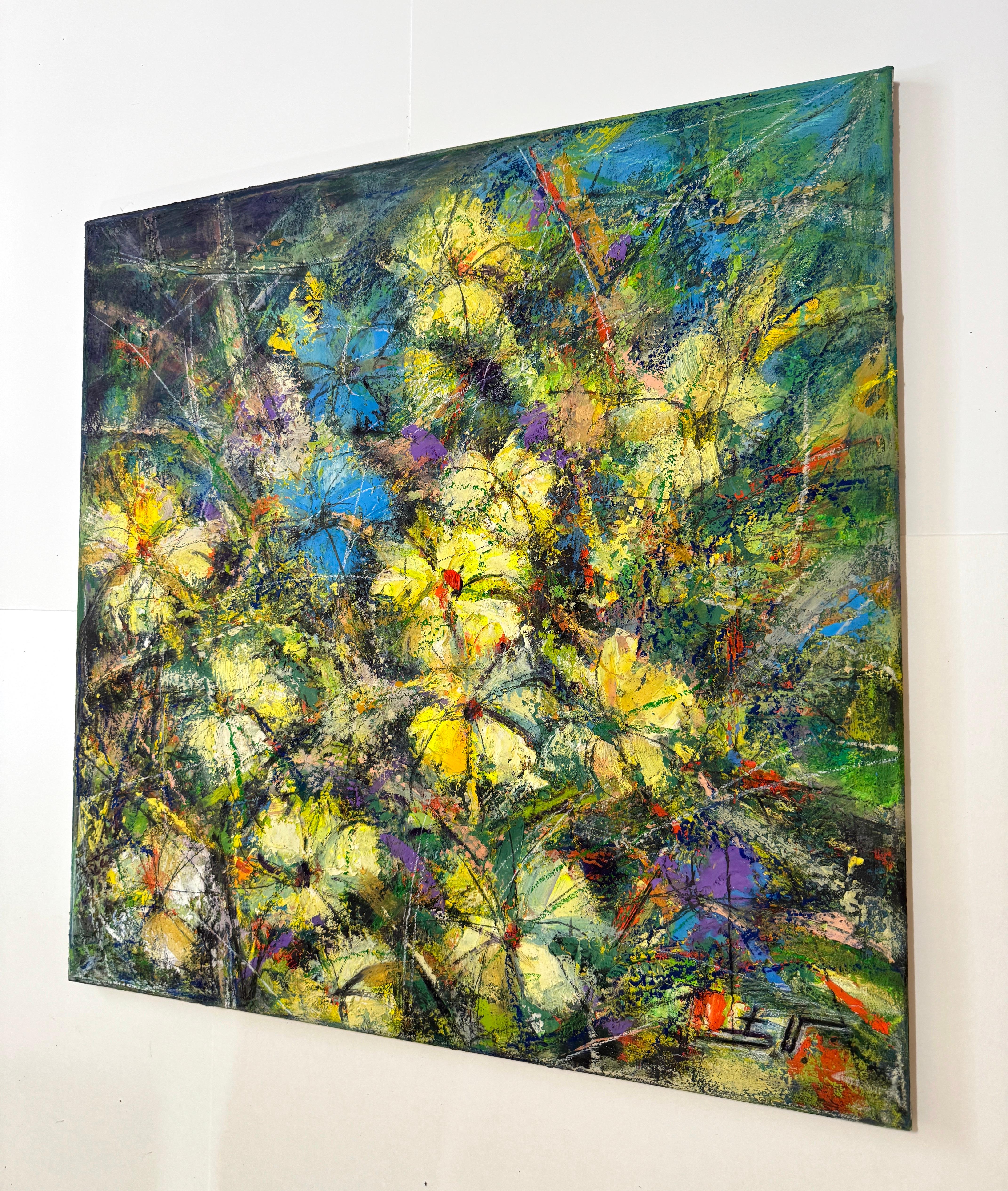 Florecimiento de flores amarillas Impresionismo Pintura al óleo original Lista para colgar - Landscape Painting Gris de Eduard Matevosyan