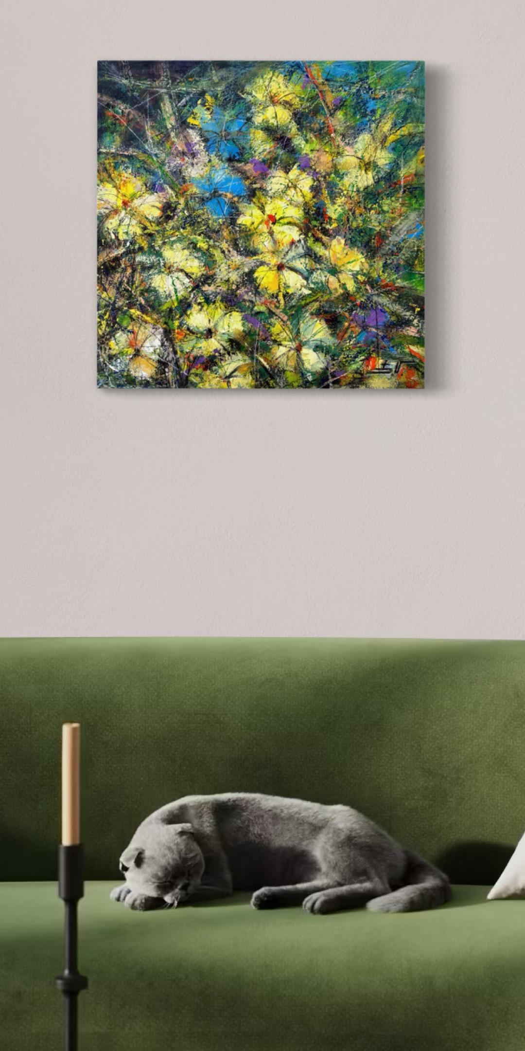Florecimiento de flores amarillas Impresionismo Pintura al óleo original Lista para colgar en venta 1