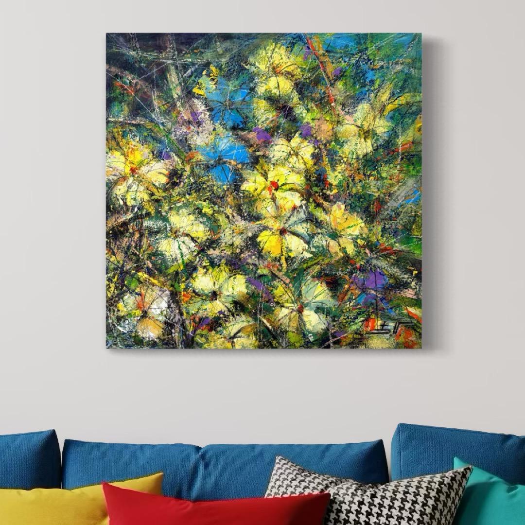 Florecimiento de flores amarillas Impresionismo Pintura al óleo original Lista para colgar en venta 2