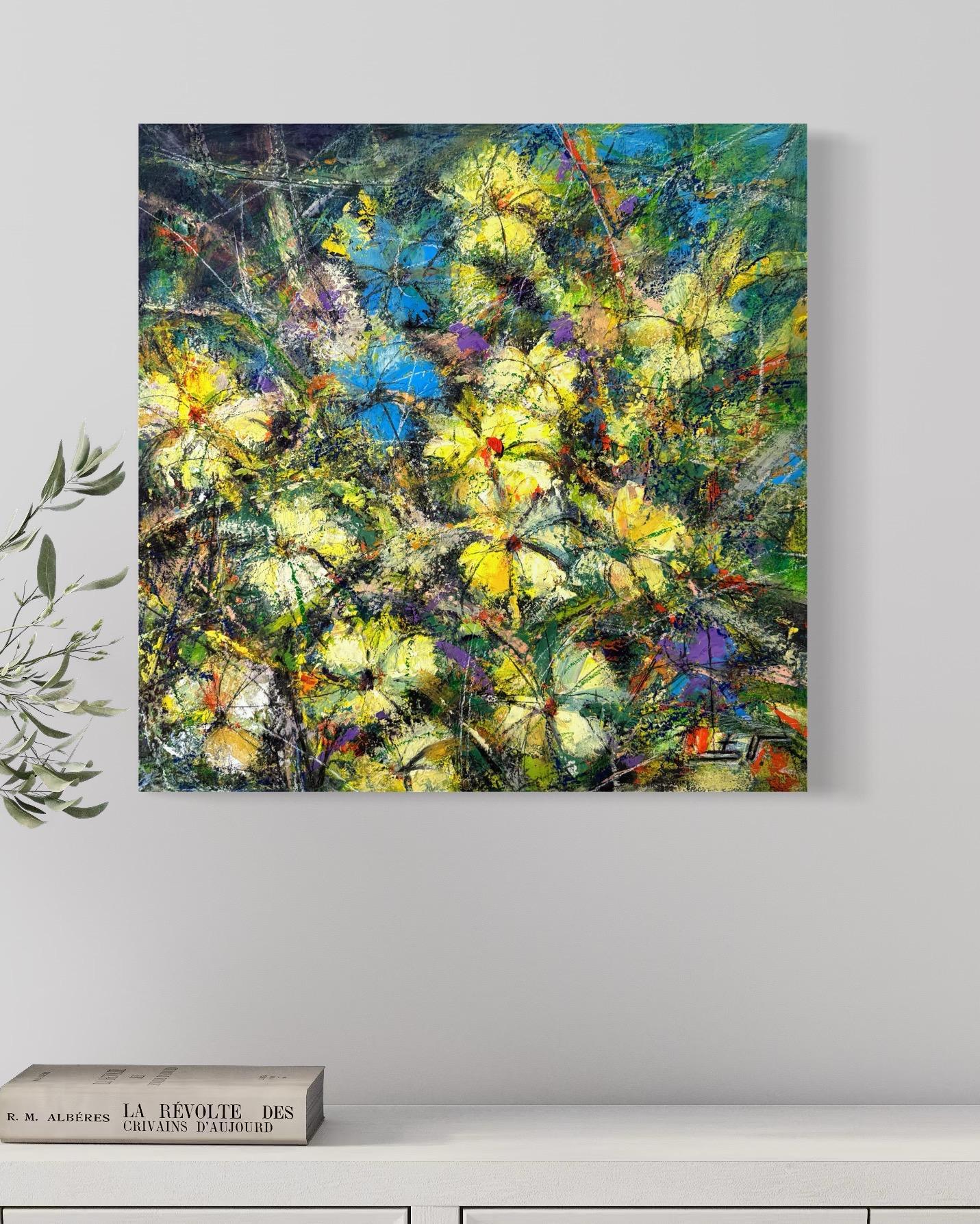Florecimiento de flores amarillas Impresionismo Pintura al óleo original Lista para colgar en venta 3