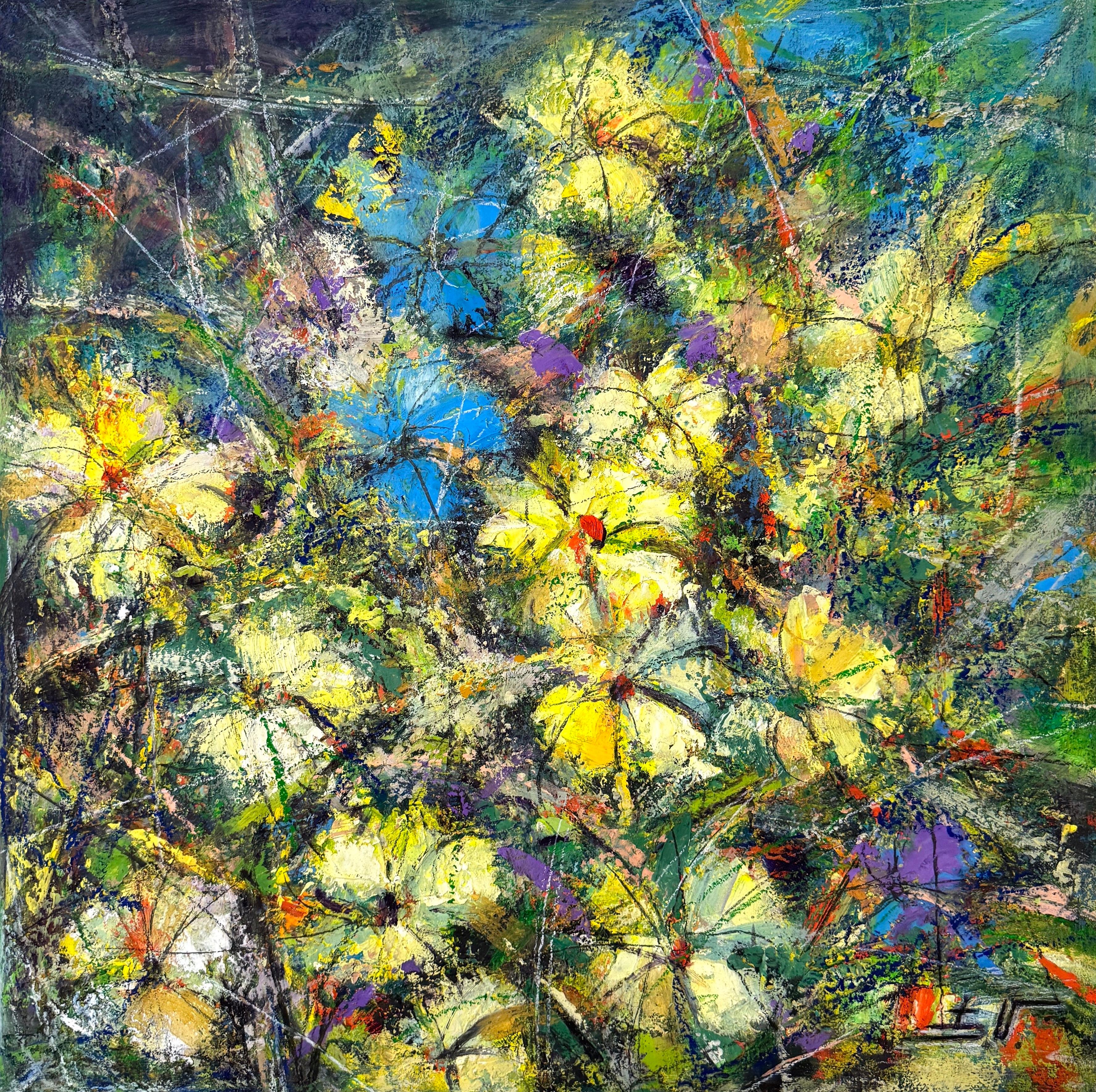 Landscape Painting de Eduard Matevosyan - Florecimiento de flores amarillas Impresionismo Pintura al óleo original Lista para colgar