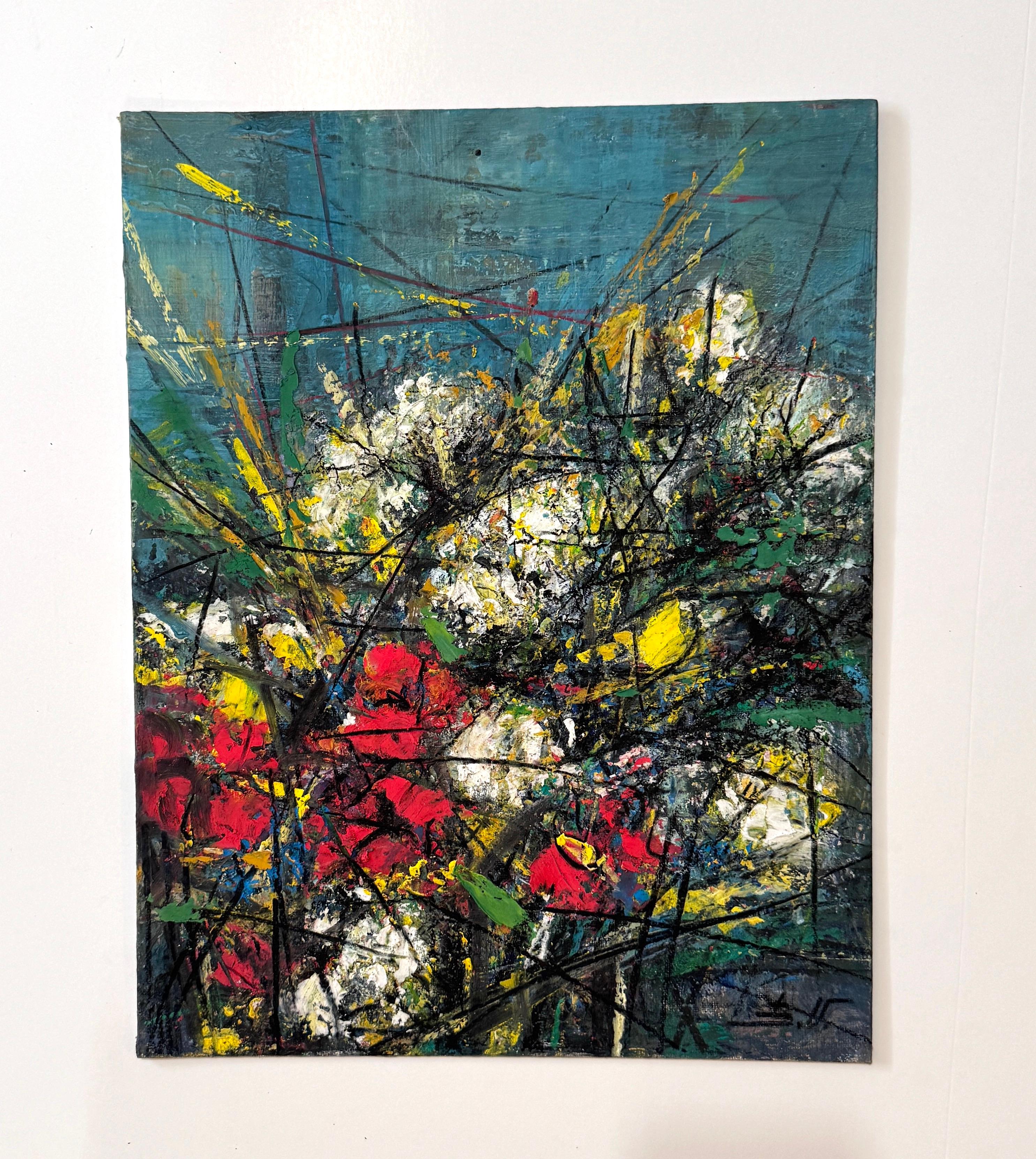 Flowers Impressionism Original oil Painting One of a Kind - Black Landscape Painting by Eduard Matevosyan