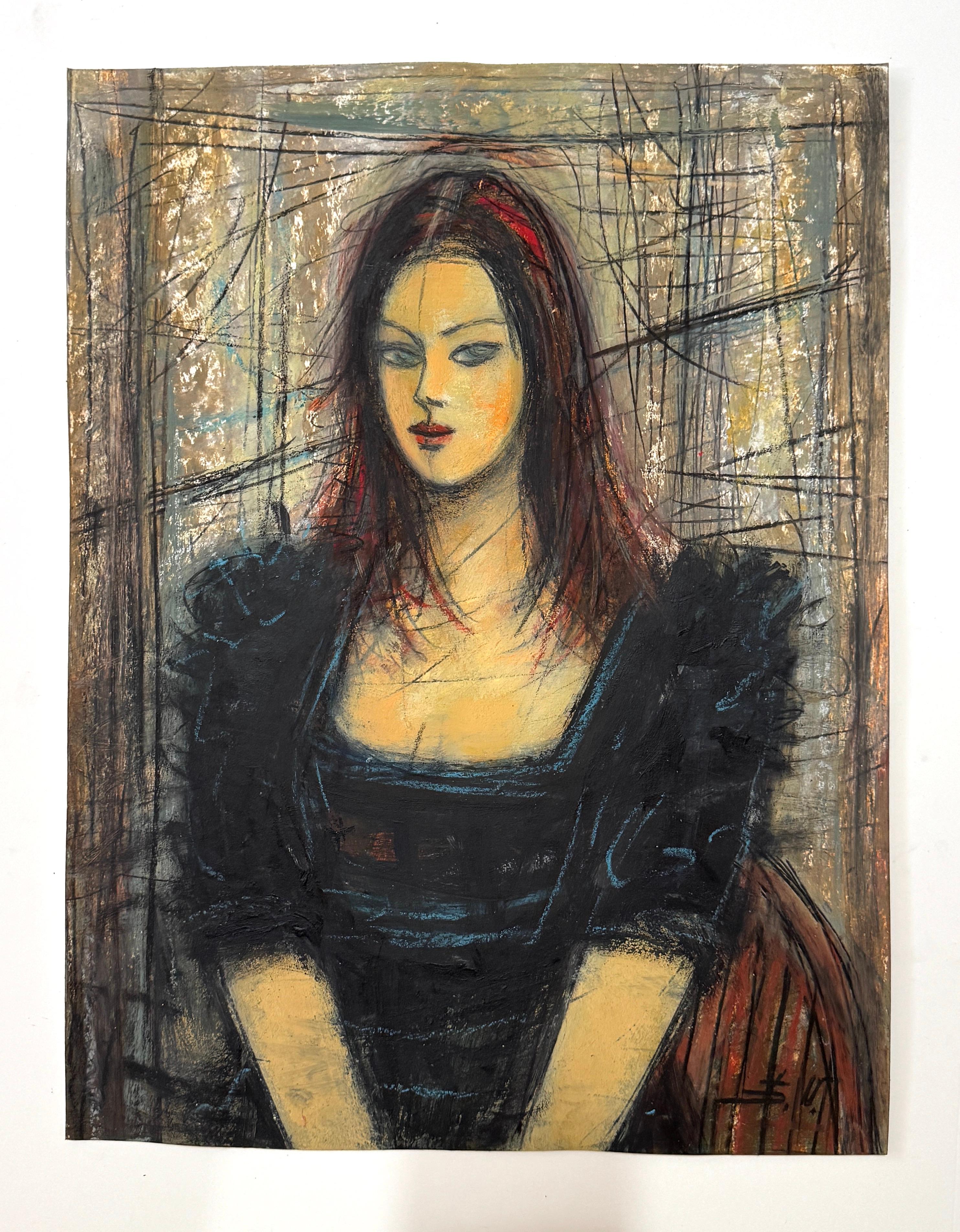 Milena de negro Arte figurativo Pintura al óleo original Única - Painting de Eduard Matevosyan