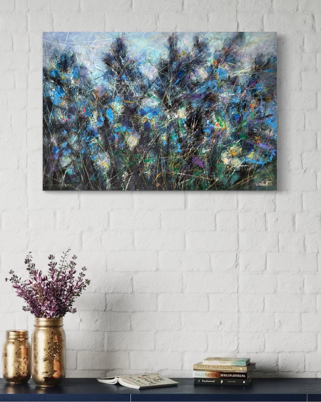Fiori viola Reverie Impressionismo Pittura ad olio originale pronta da appendere - Landscape Painting Grigio di Eduard Matevosyan