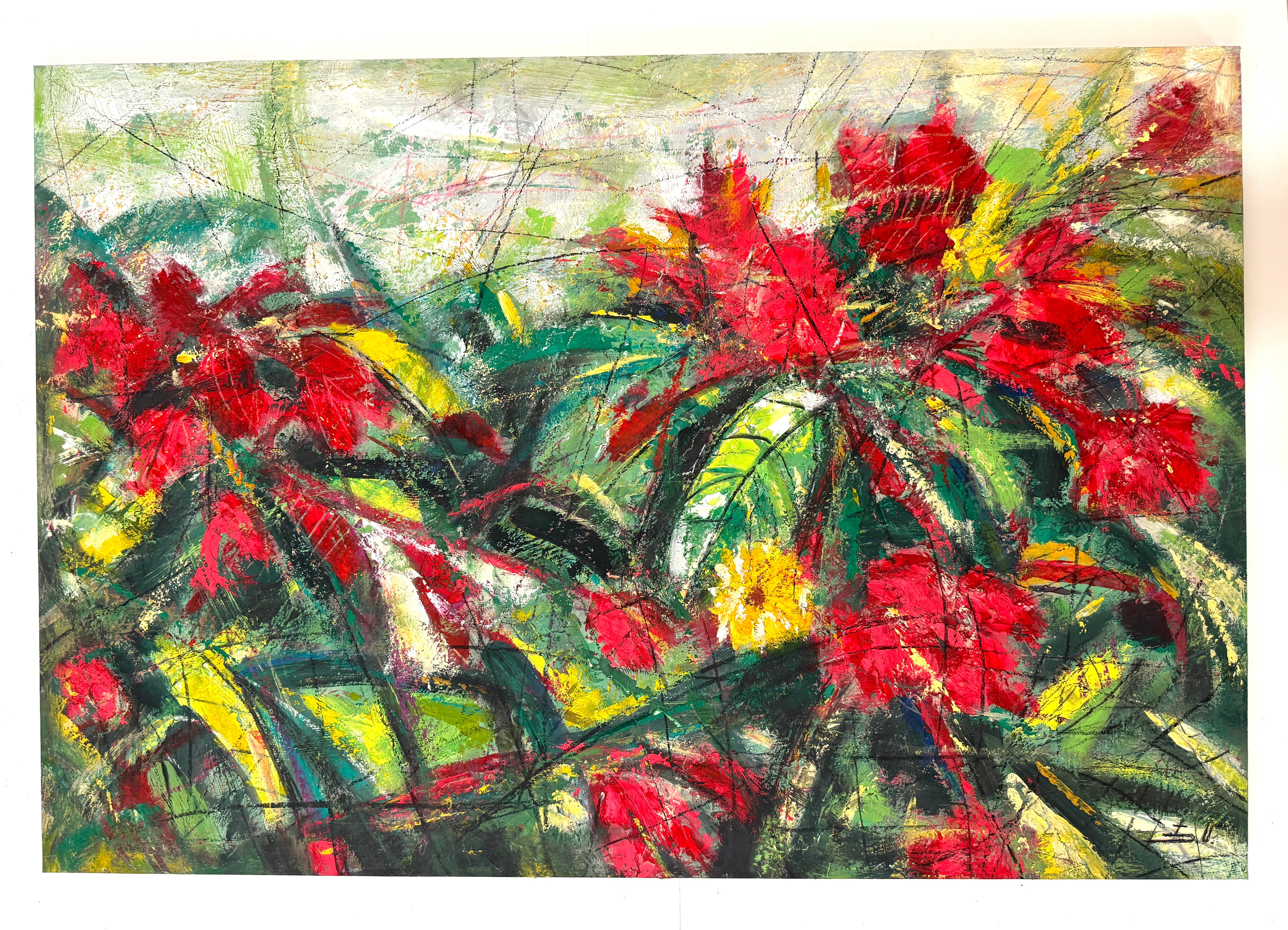 Fiori di rubino Impressionismo Pittura ad olio originale pronta da appendere - Painting di Eduard Matevosyan