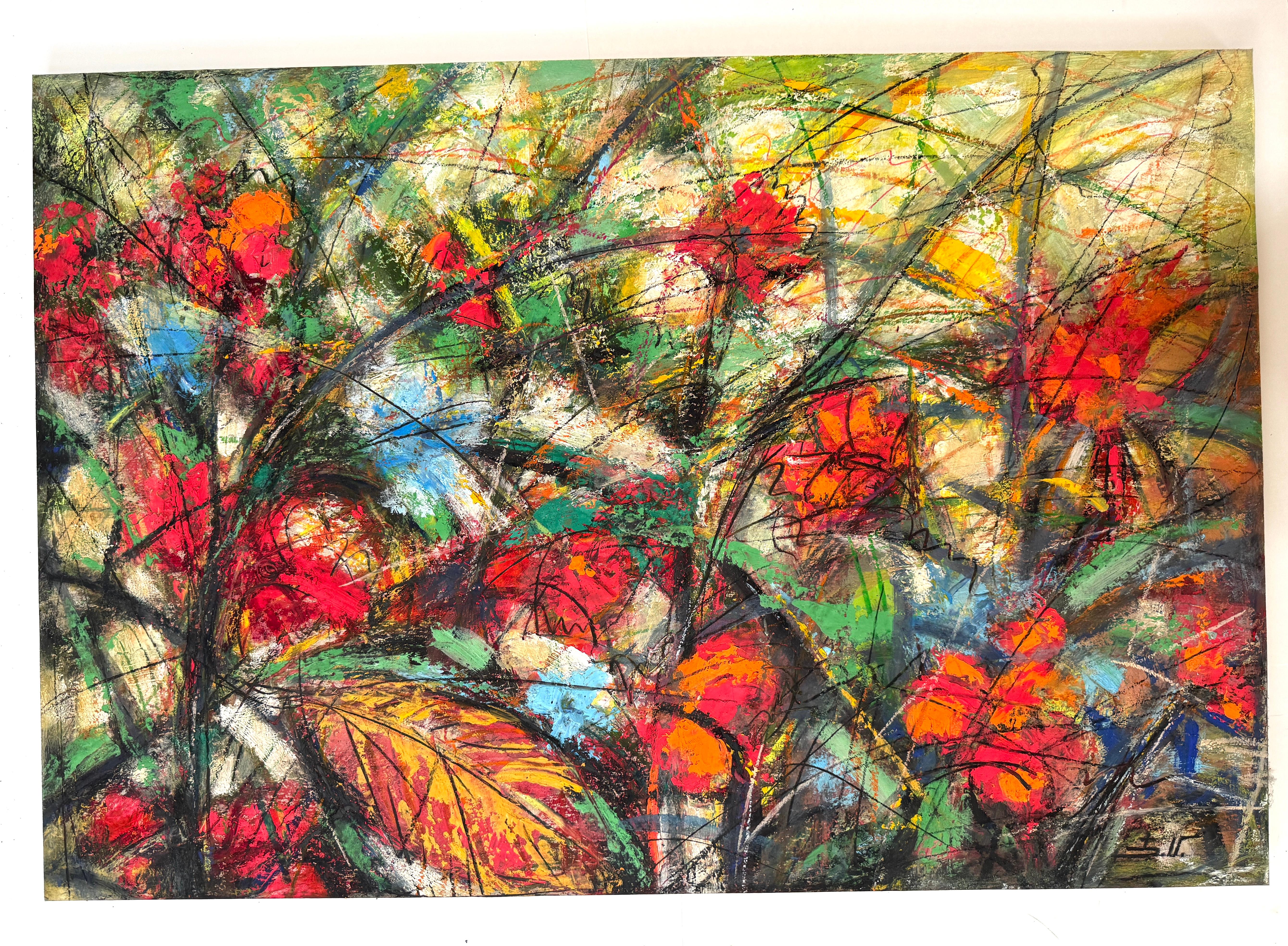 Scarlet Flowers Impressionism Original oil Painting Ready to Hang - Brown Landscape Painting by Eduard Matevosyan