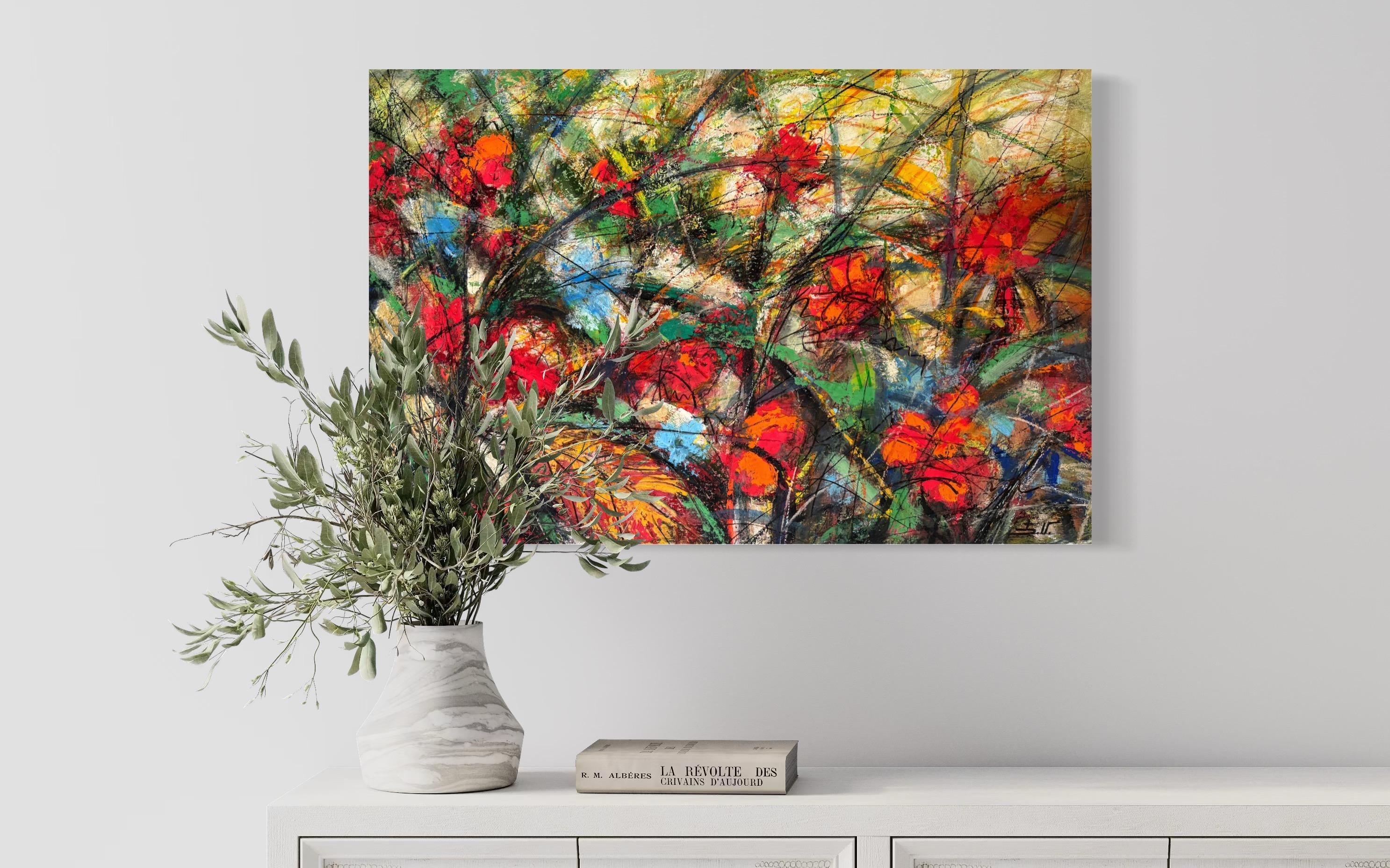 Scarlet Flowers Impressionism Original oil Painting Ready to Hang For Sale 1