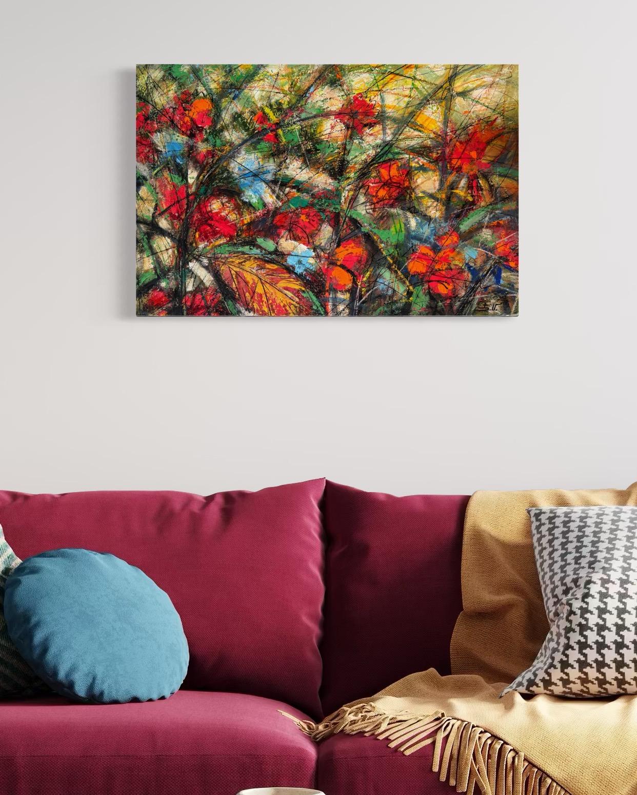 Scarlet Flowers Impressionism Original oil Painting Ready to Hang For Sale 2