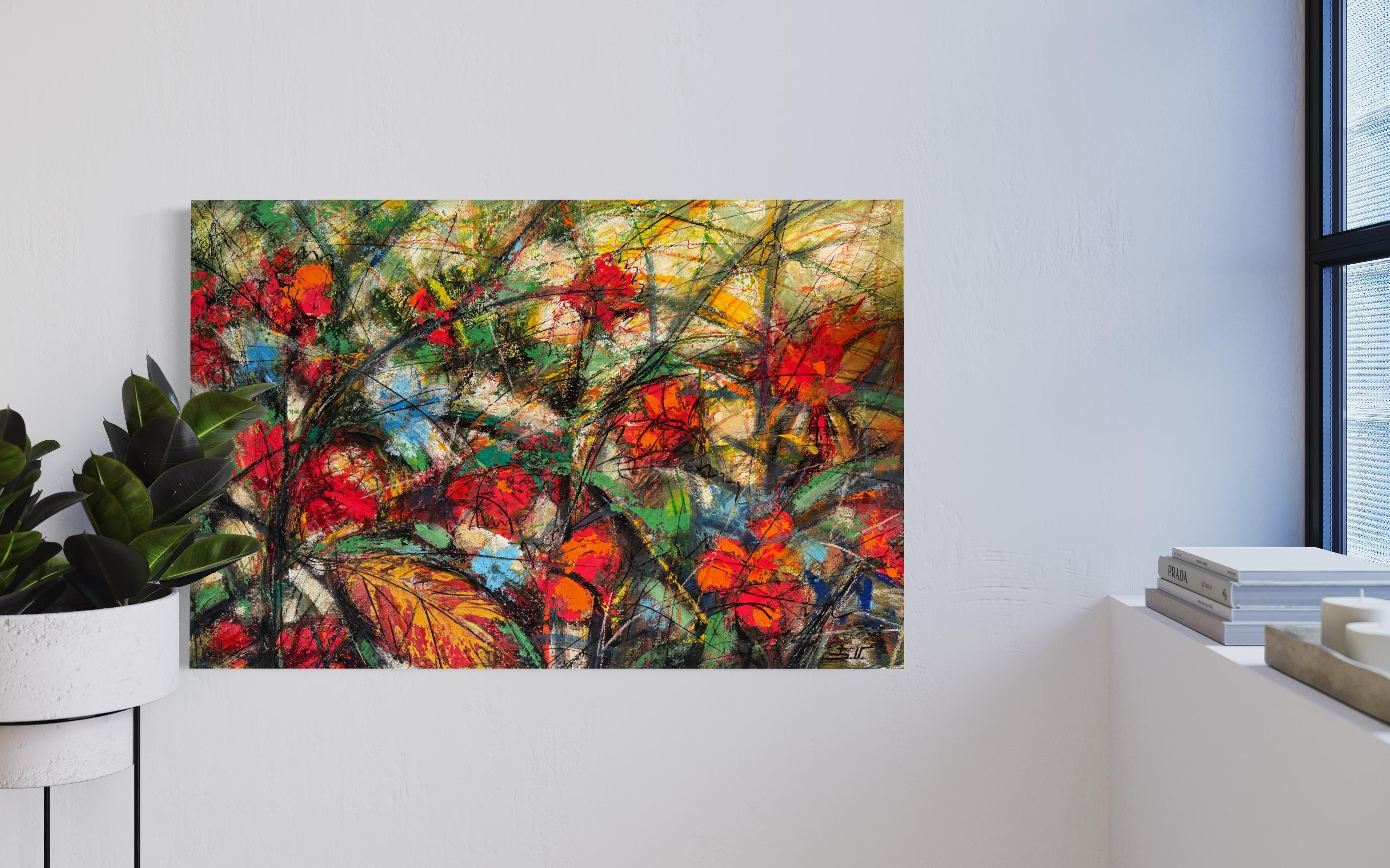 Scarlet Flowers Impressionism Original oil Painting Ready to Hang For Sale 3