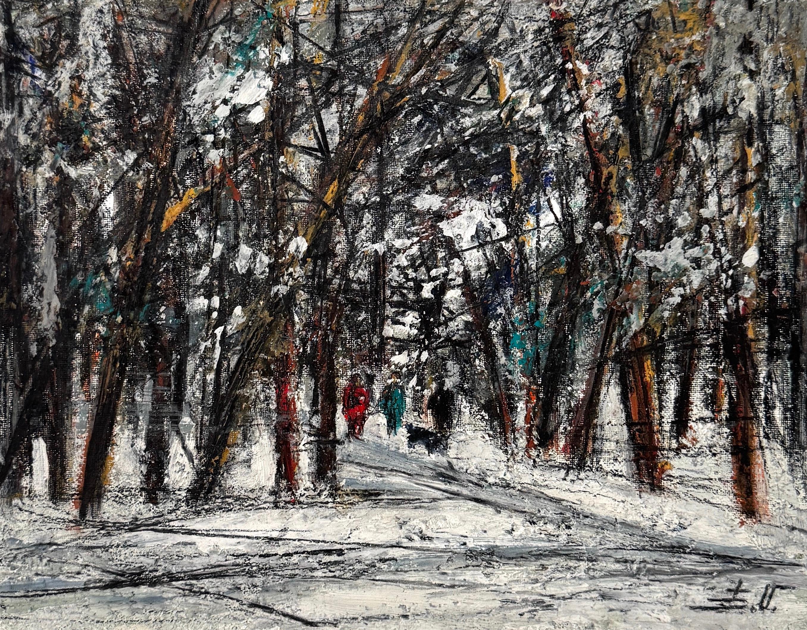 Landscape Painting de Eduard Matevosyan - Árboles nevados Paisaje Impresionismo Pintura al óleo original Única