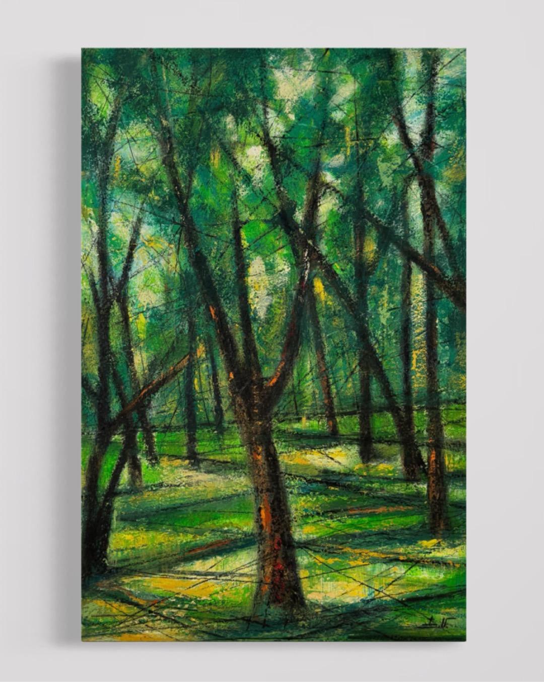Paisaje de la arboleda de verano Impresionismo Pintura al óleo original Lista para colgar - Landscape Painting Negro de Eduard Matevosyan