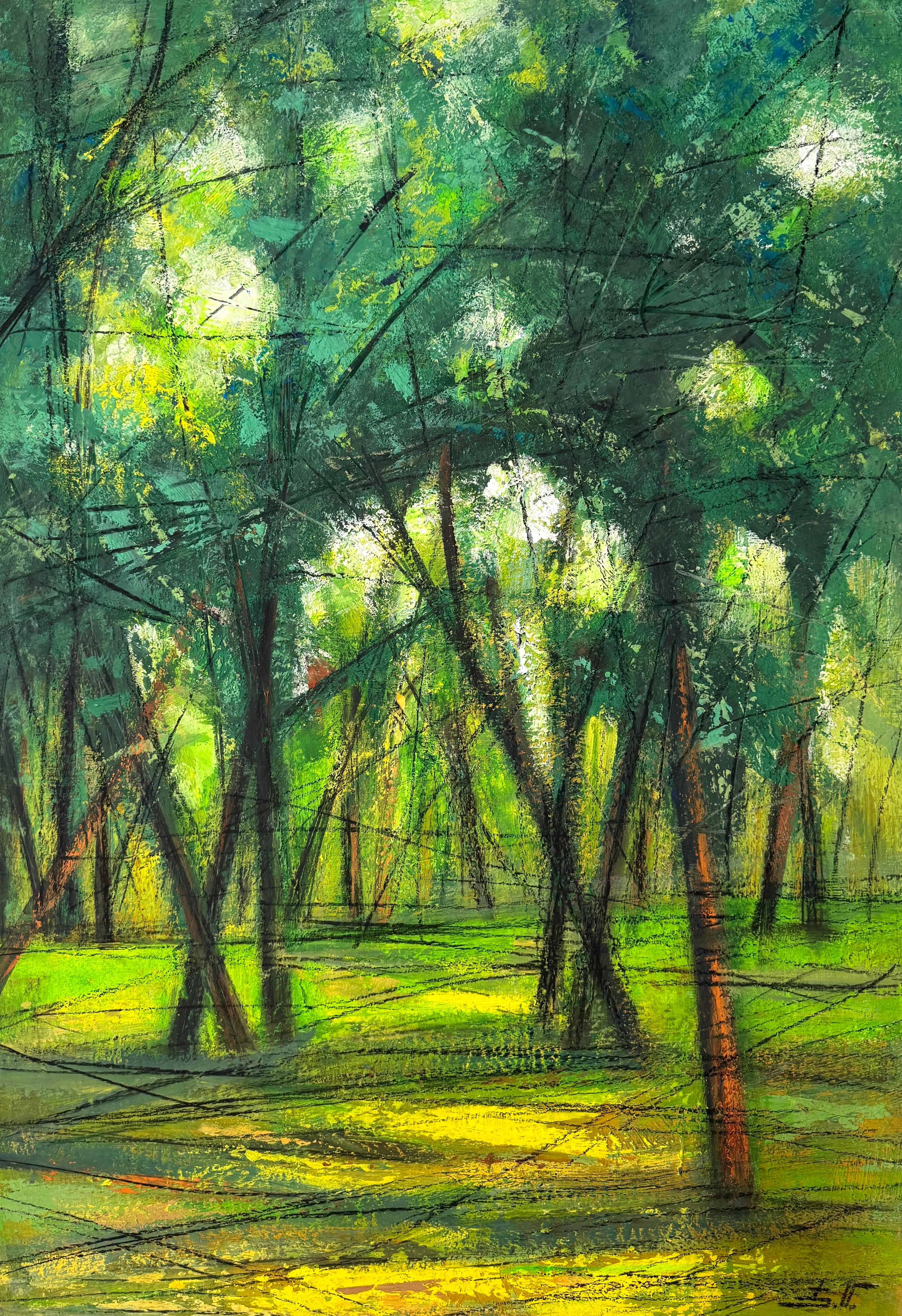 Landscape Painting di Eduard Matevosyan - Alberi d'estate Paesaggio Impressionismo Pittura ad olio originale pronta da appendere