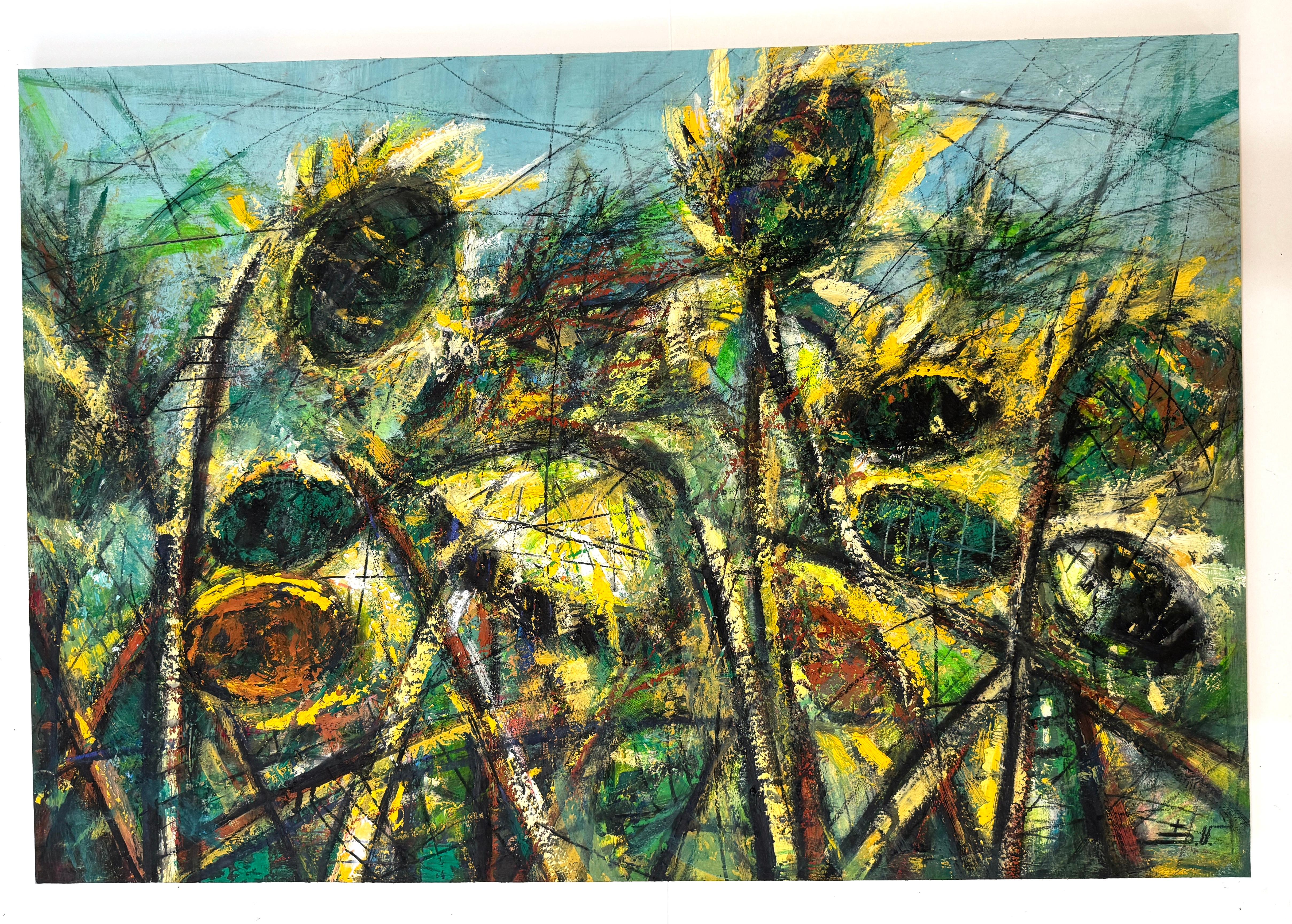 Sunflowers Floral Impressionism Original oil Painting Ready to Hang - Black Landscape Painting by Eduard Matevosyan