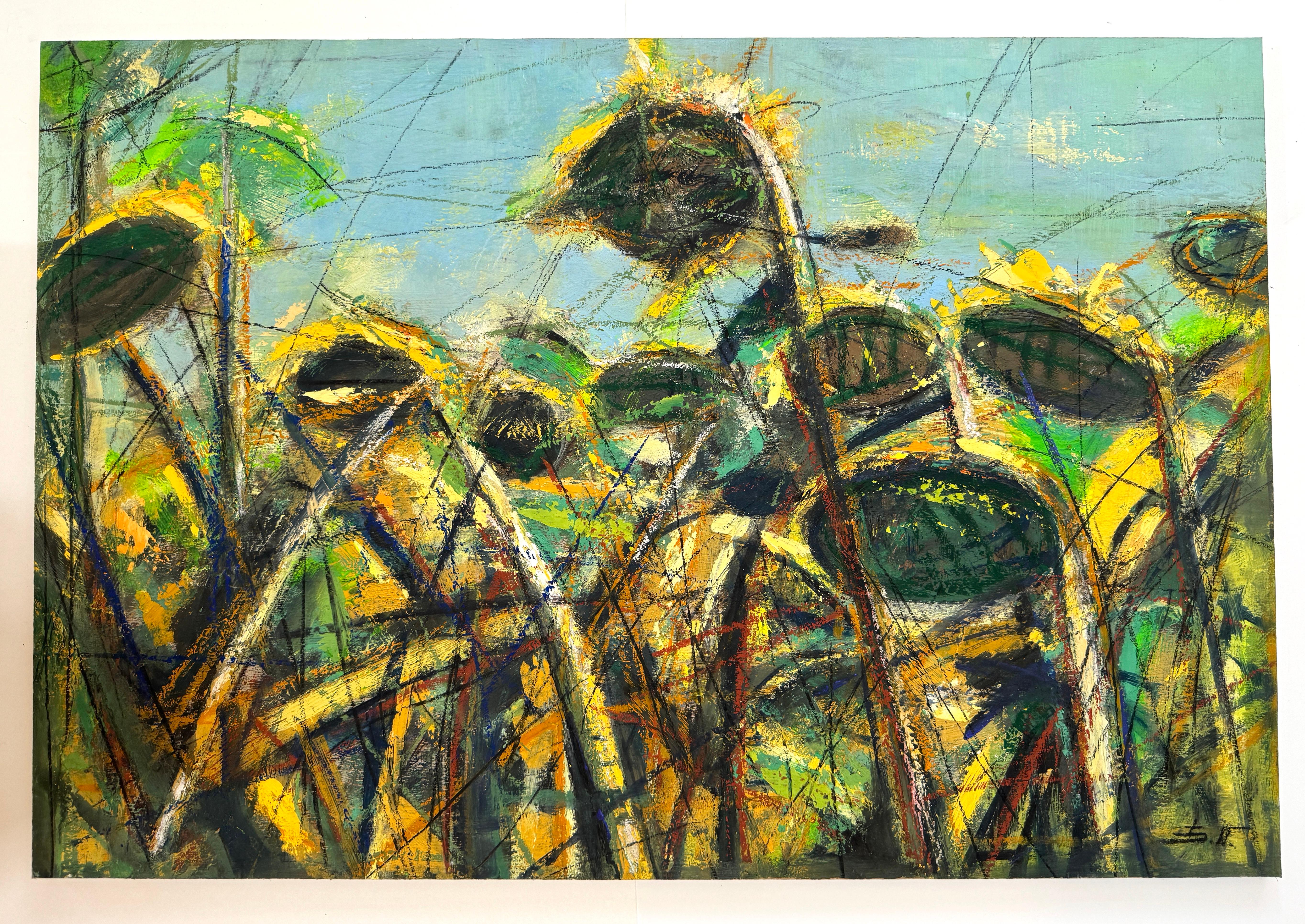 Girasoles Impresionismo Floral Pintura al Óleo Original Lista para Colgar - Painting de Eduard Matevosyan