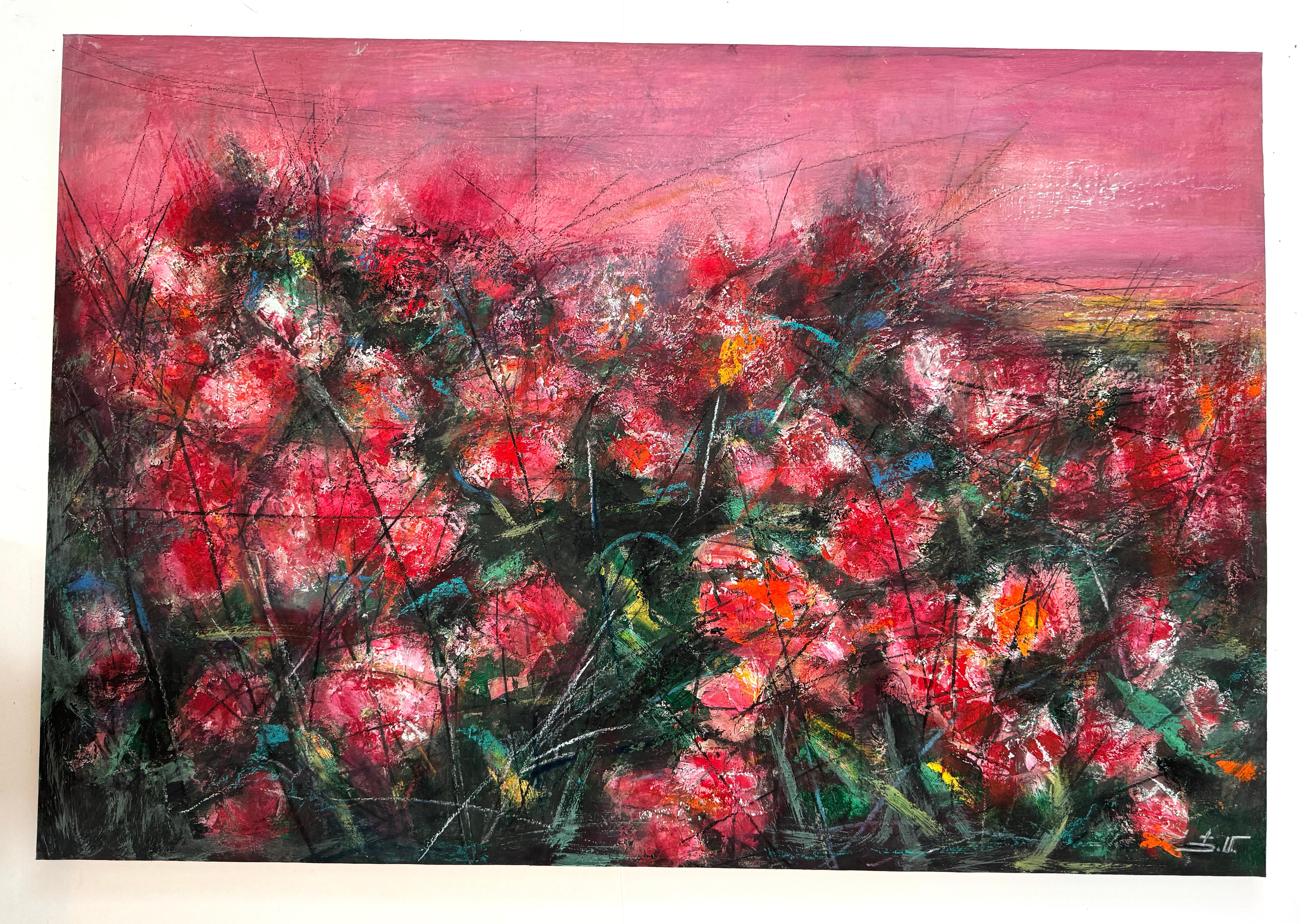 Rosa di velluto Impressionismo floreale Pittura ad olio originale pronta da appendere - Painting di Eduard Matevosyan