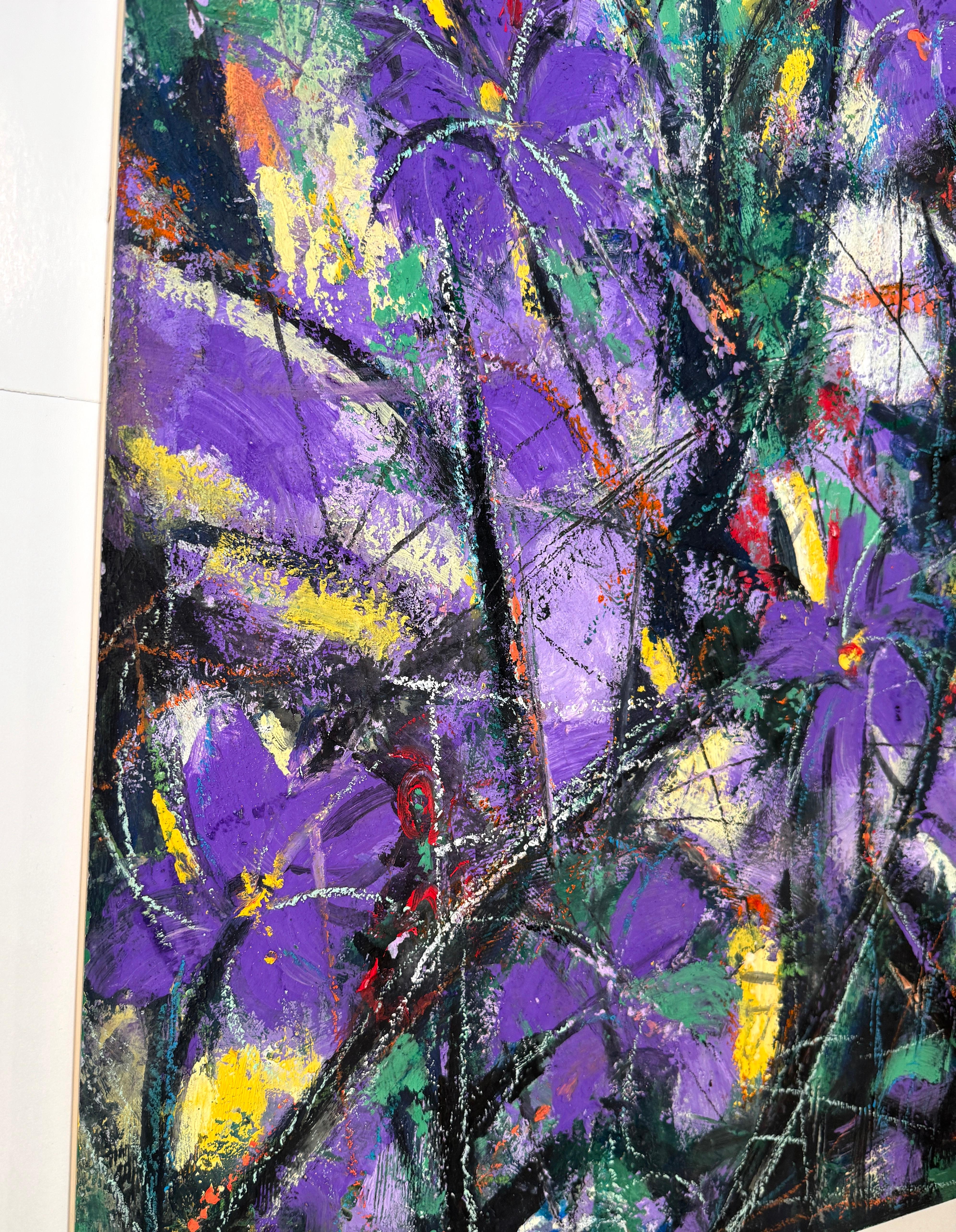 Essenza di viola Fiori astratti Pittura ad olio originale pronta da appendere - Painting di Eduard Matevosyan