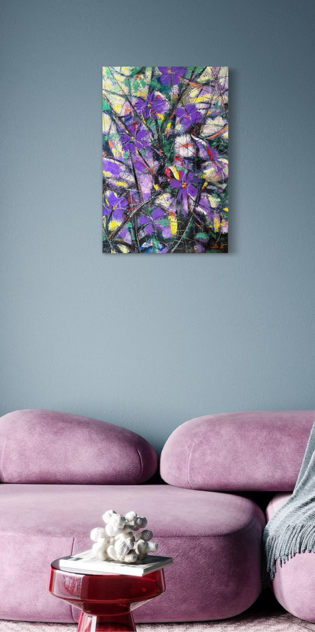 Essenza di viola Fiori astratti Pittura ad olio originale pronta da appendere - Abstract Painting Grigio di Eduard Matevosyan