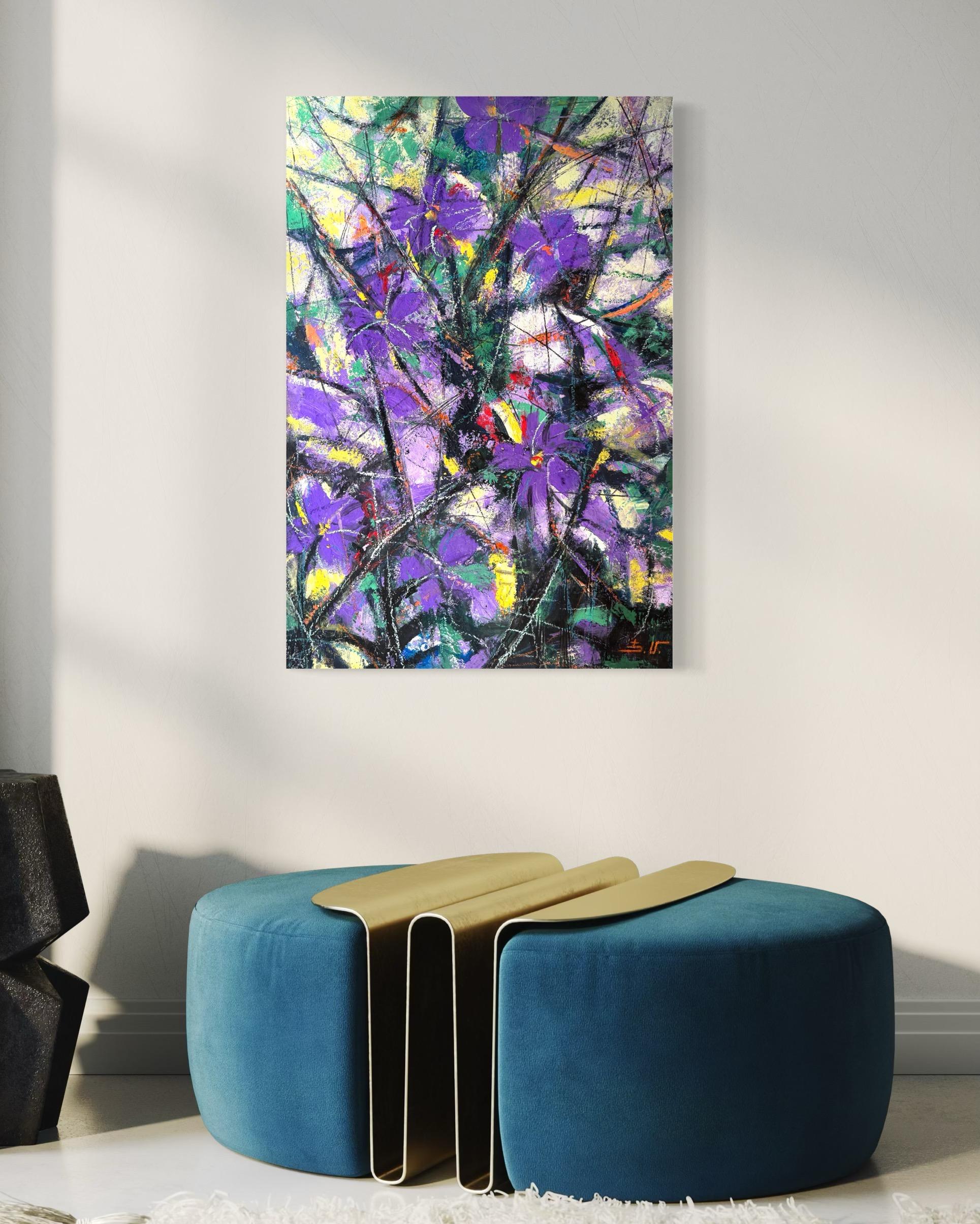 Essenza di viola Fiori astratti Pittura ad olio originale pronta da appendere in vendita 1