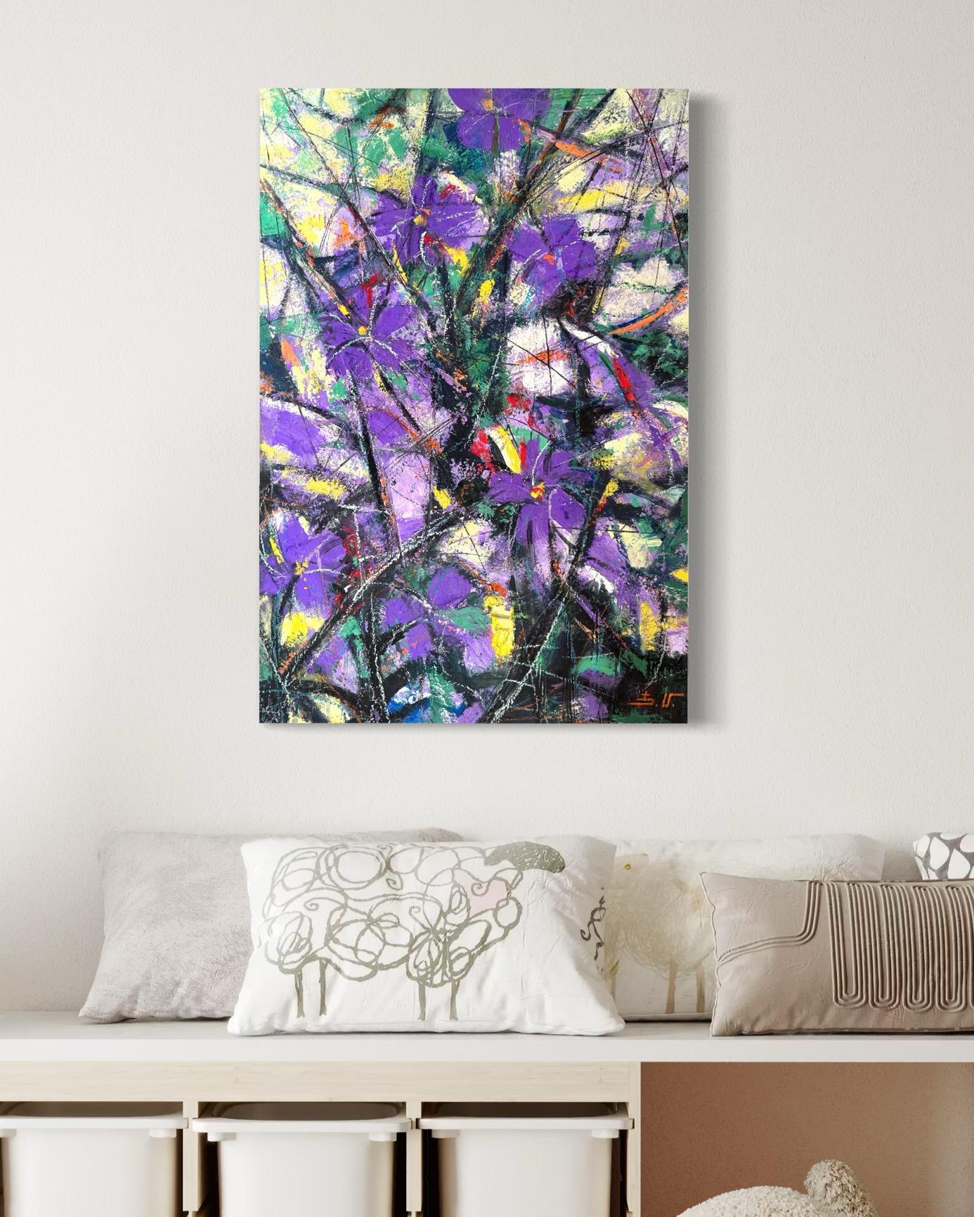 Essenza di viola Fiori astratti Pittura ad olio originale pronta da appendere in vendita 2