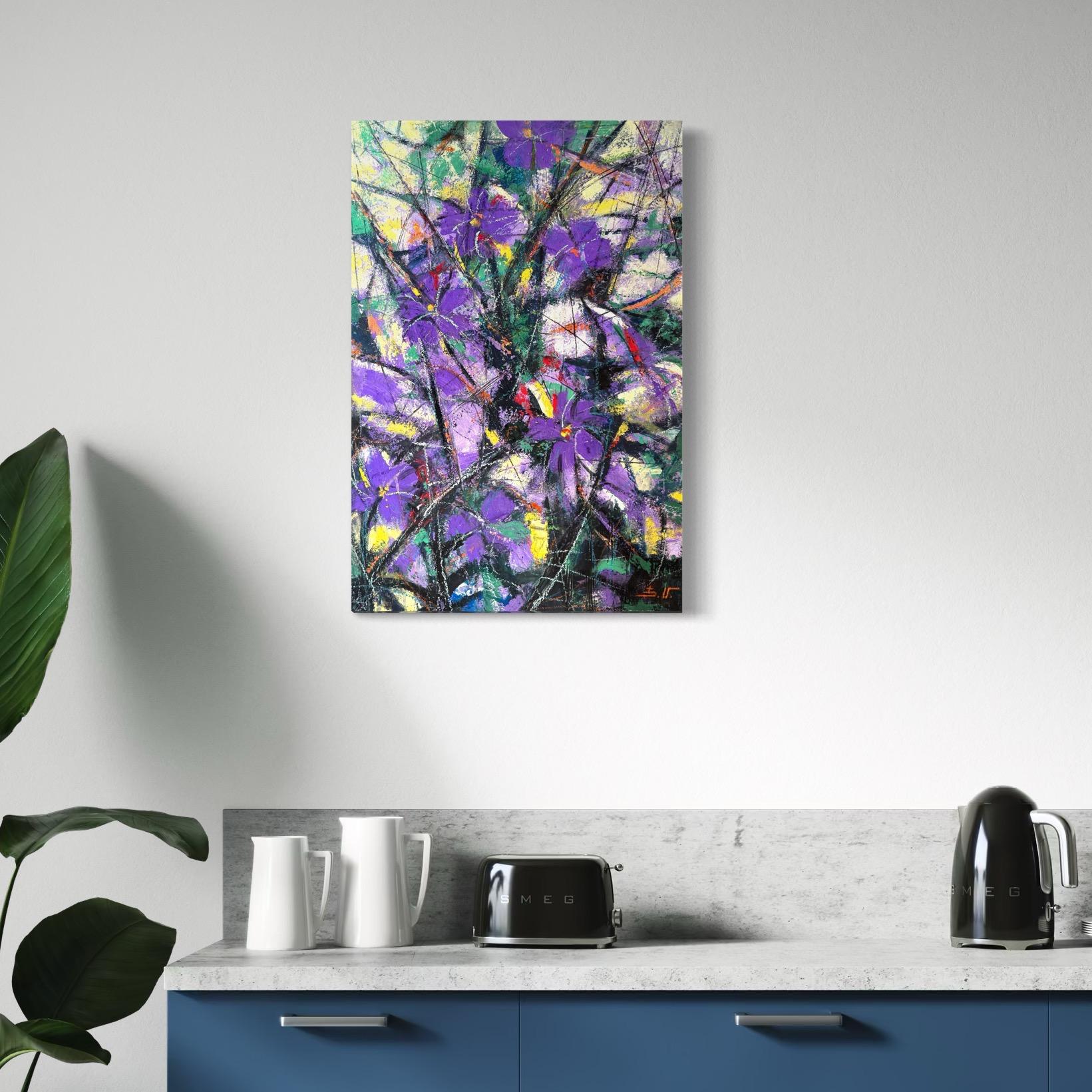 Essenza di viola Fiori astratti Pittura ad olio originale pronta da appendere in vendita 3