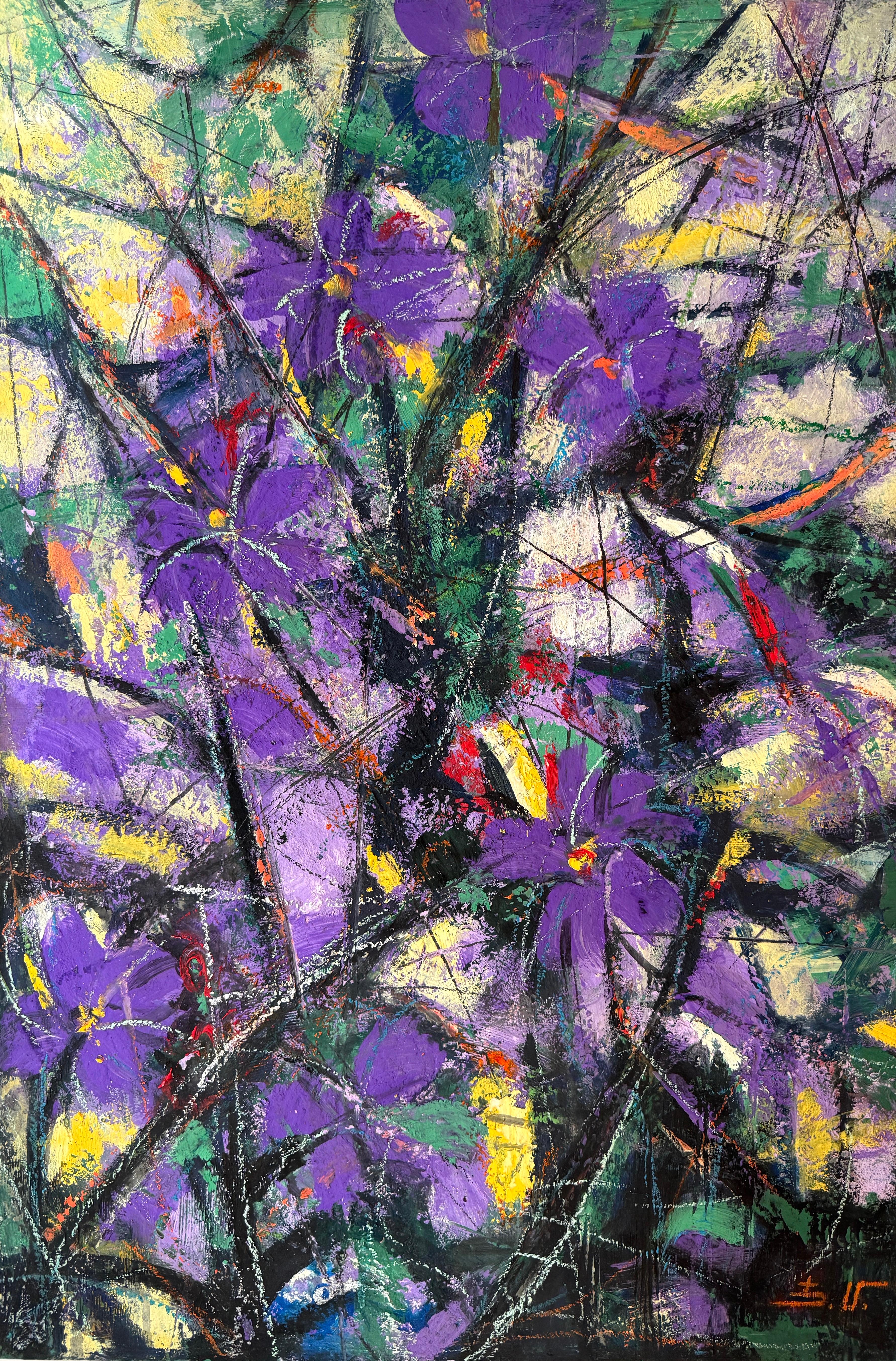 Abstract Painting di Eduard Matevosyan - Essenza di viola Fiori astratti Pittura ad olio originale pronta da appendere