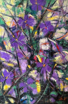 Esencia Violeta Flores Abstractas Pintura al Óleo Original Lista para Colgar