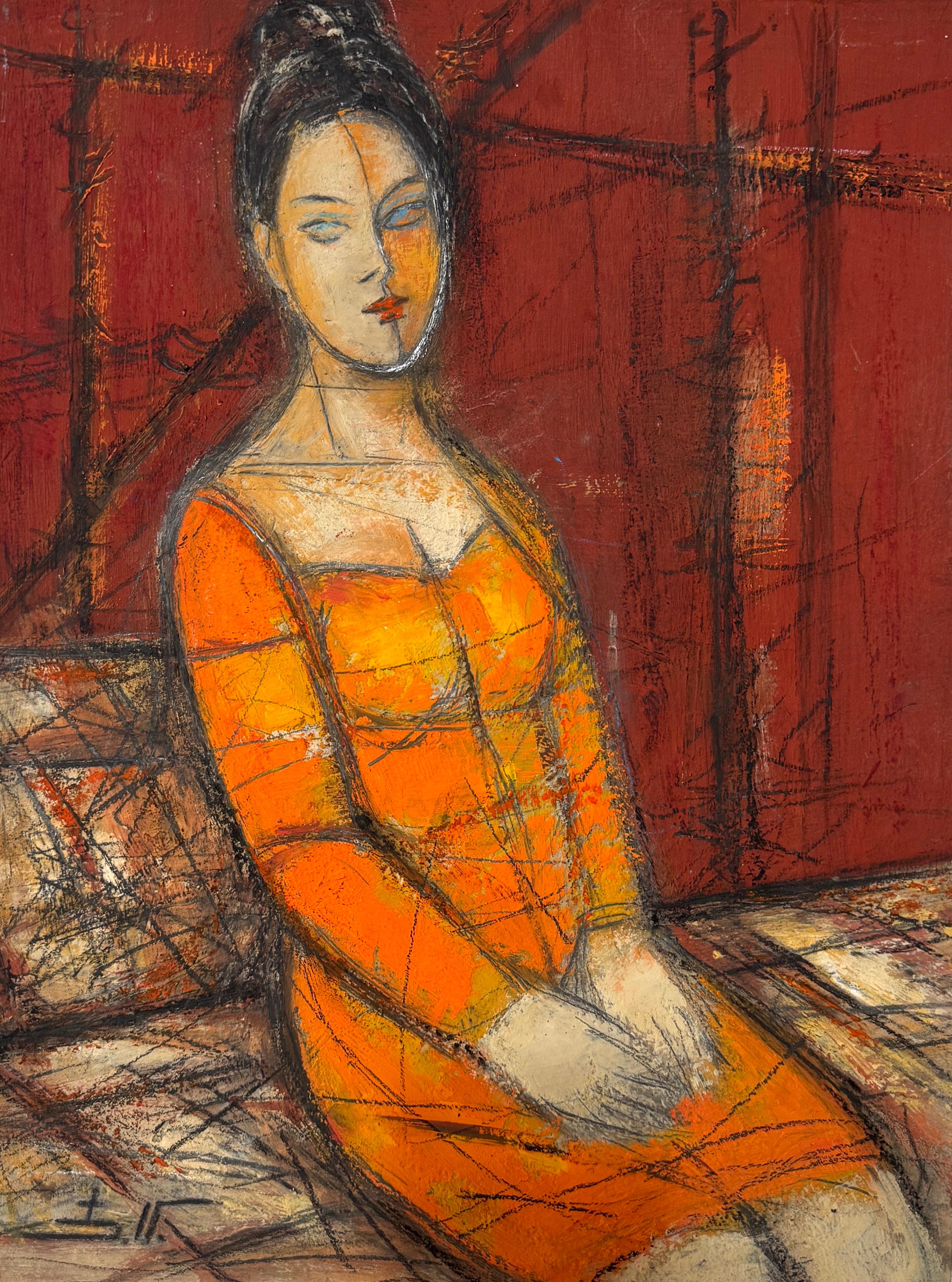 Retrato de mujer en naranja Pintura al óleo original Única - Painting de Eduard Matevosyan