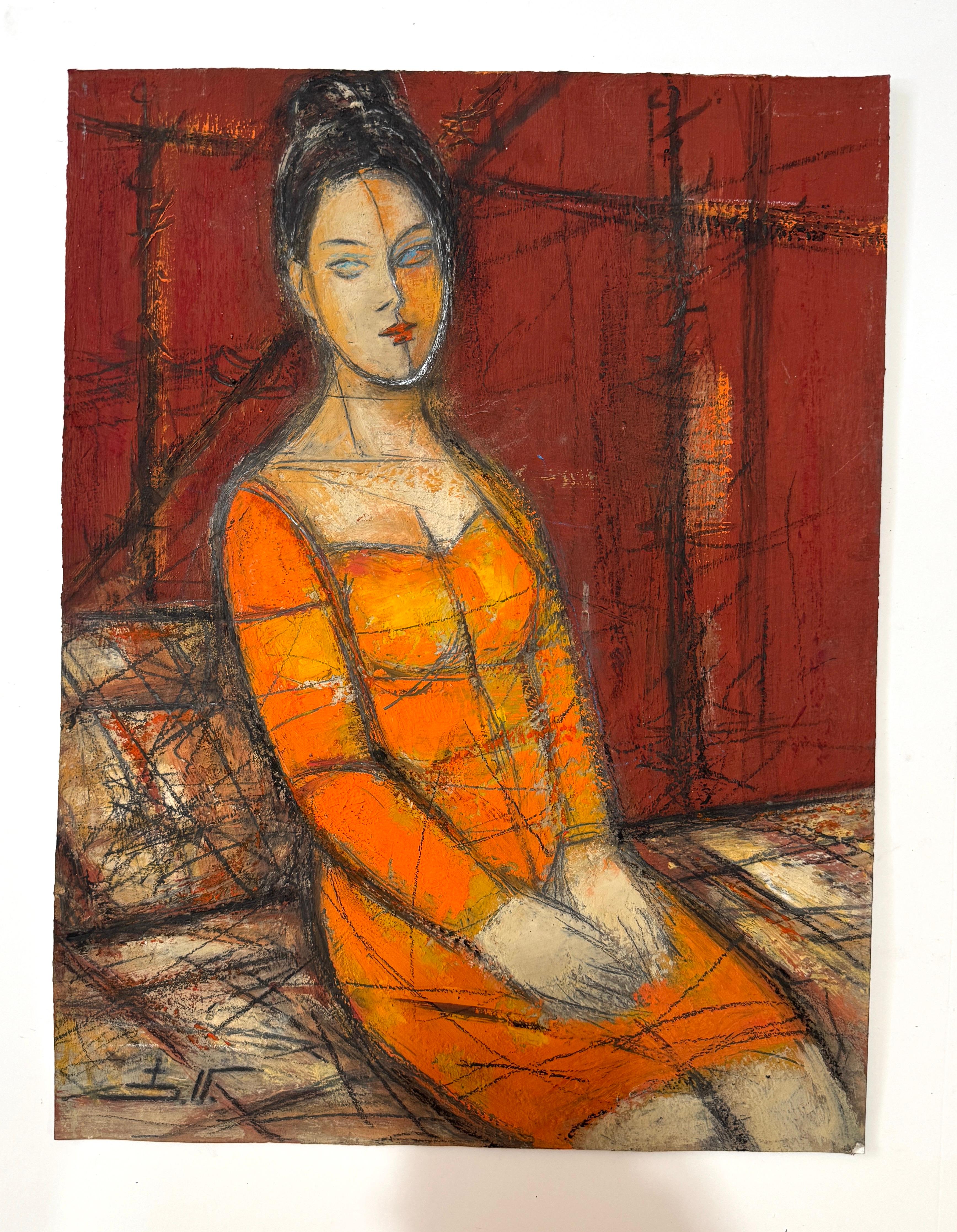 Figurative Painting de Eduard Matevosyan - Retrato de mujer en naranja Pintura al óleo original Única
